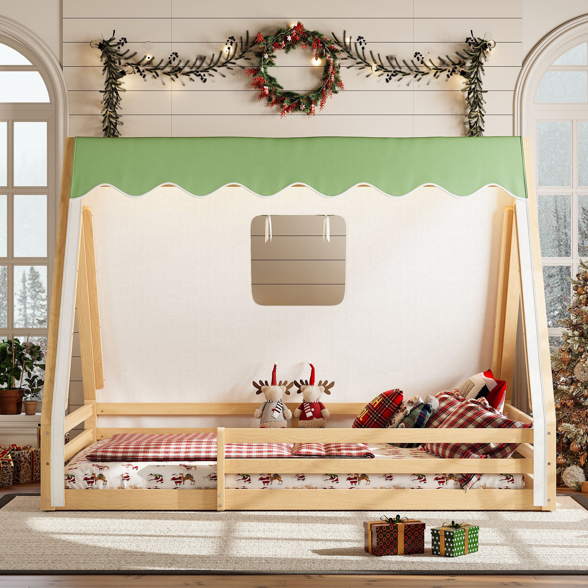 Full Size House Floor Bed with Tent and Light