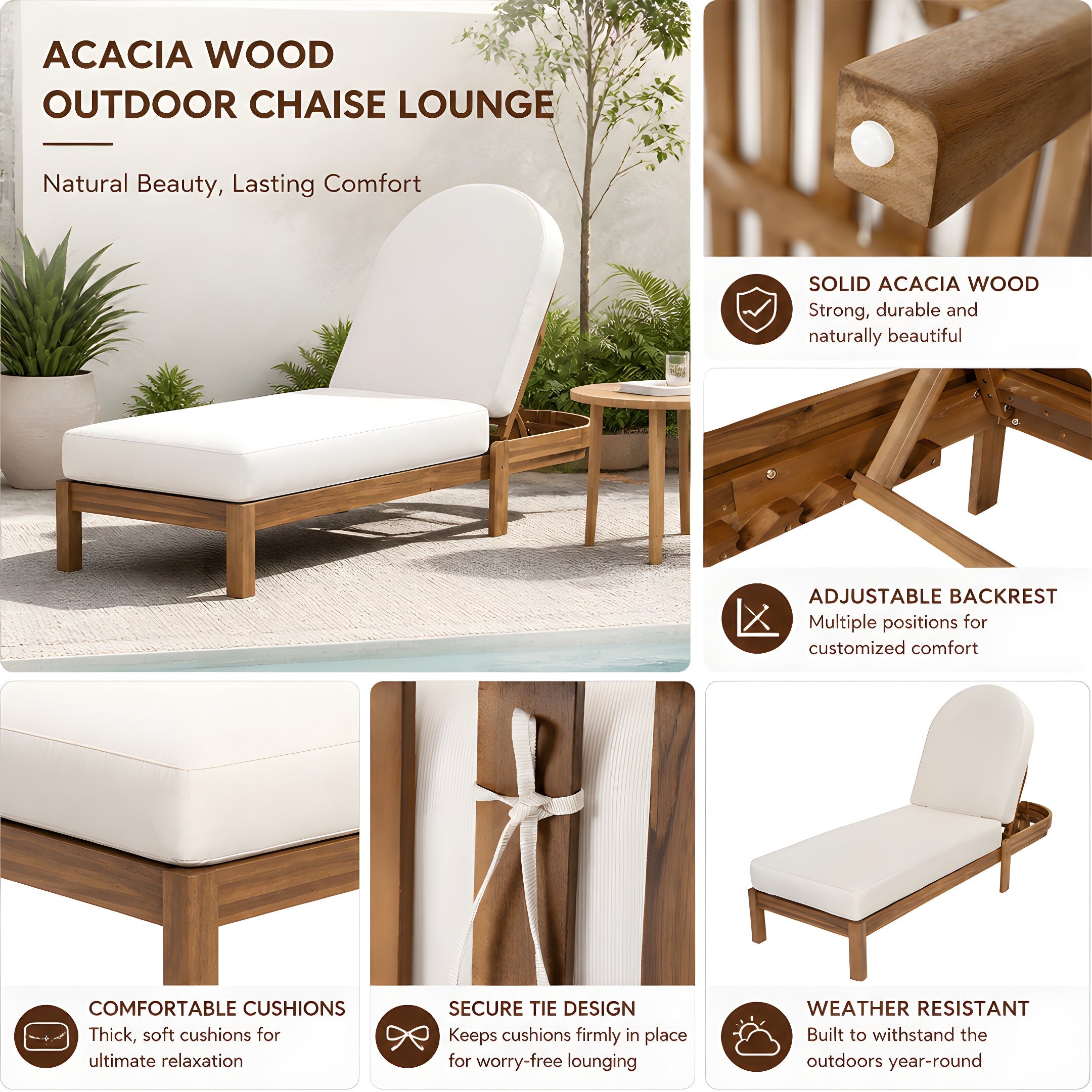 Genuine Acacia Wood Chaise Lounge Chairs with Adjustable Backrest - Set of 2