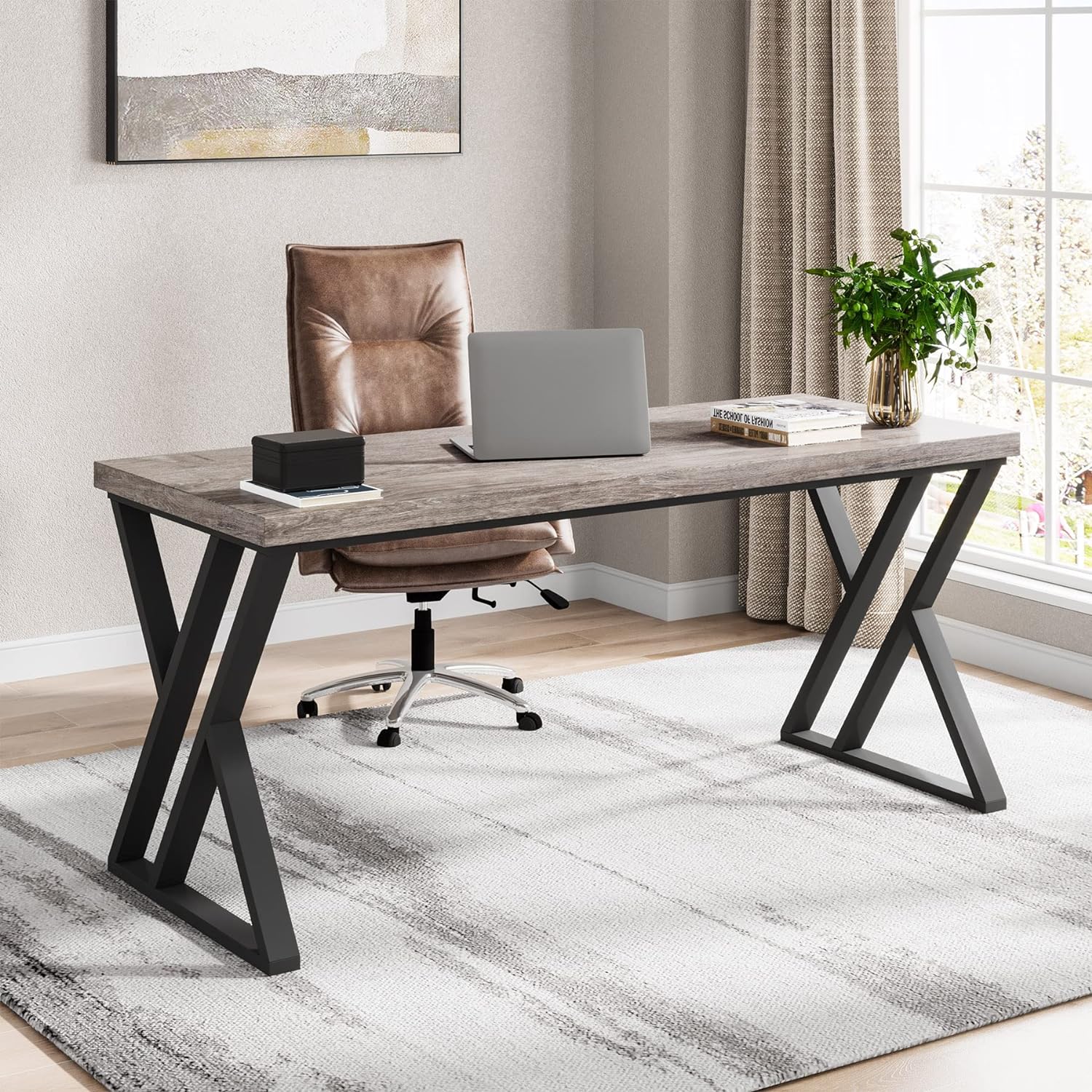 55” Modern Writing Desk with Z-Shaped Metal Legs