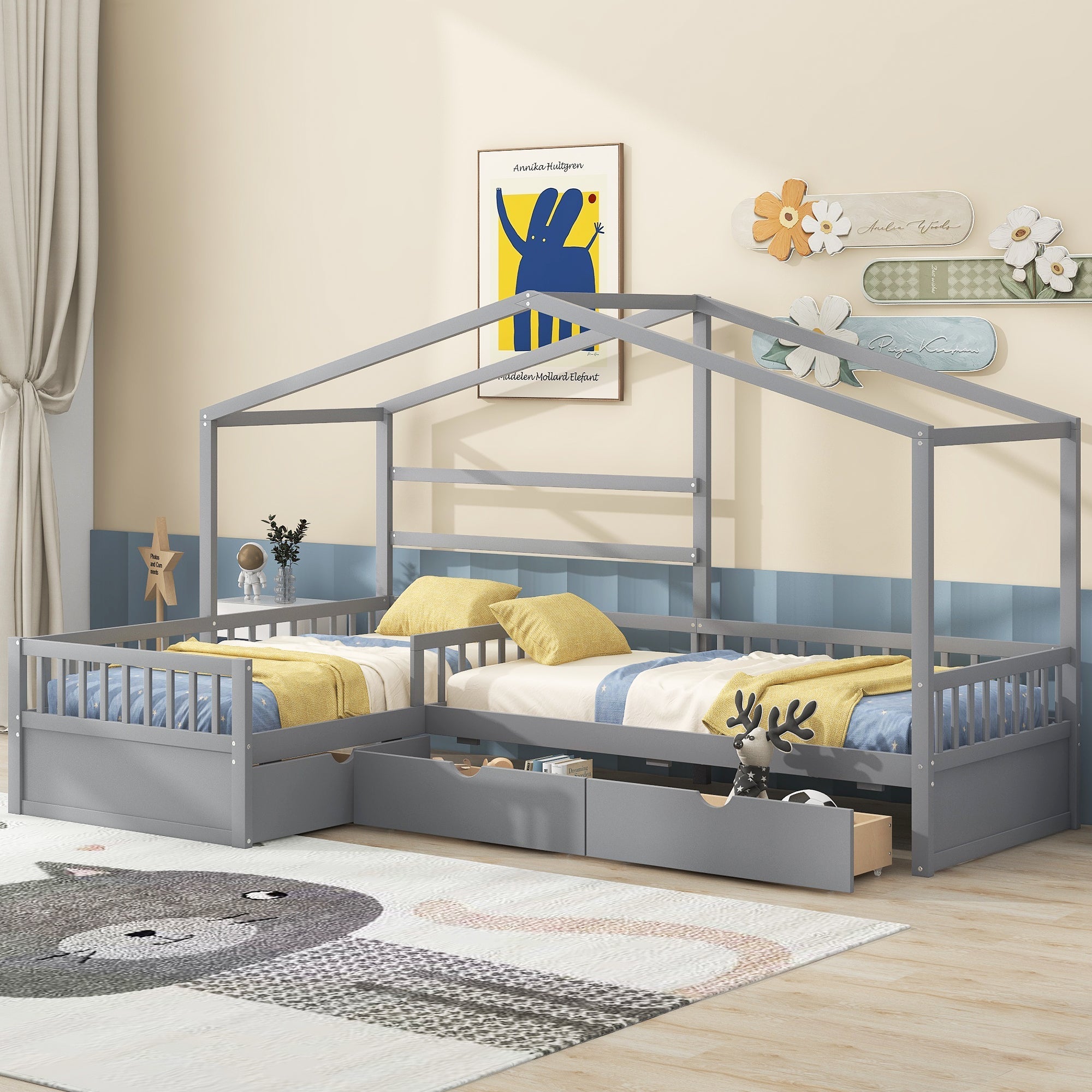 Twin Size House Platform Bed with Three Storage Drawers