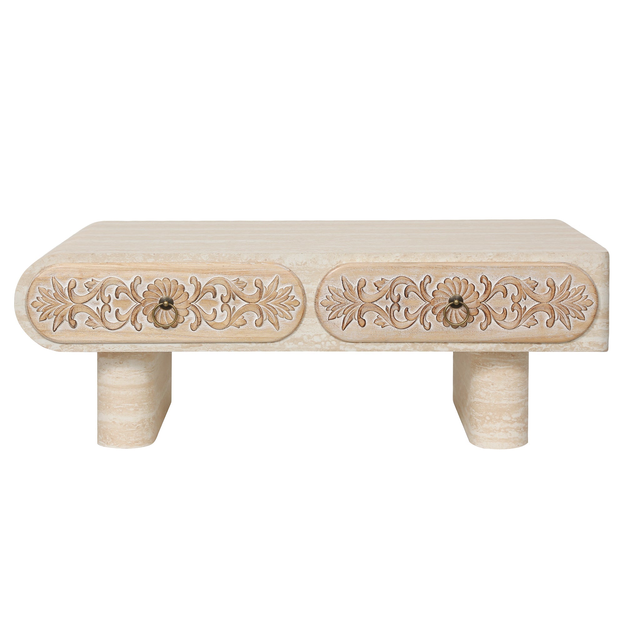 Rounded Edge Coffee Table with Flower Pattern Solid Wood Drawer