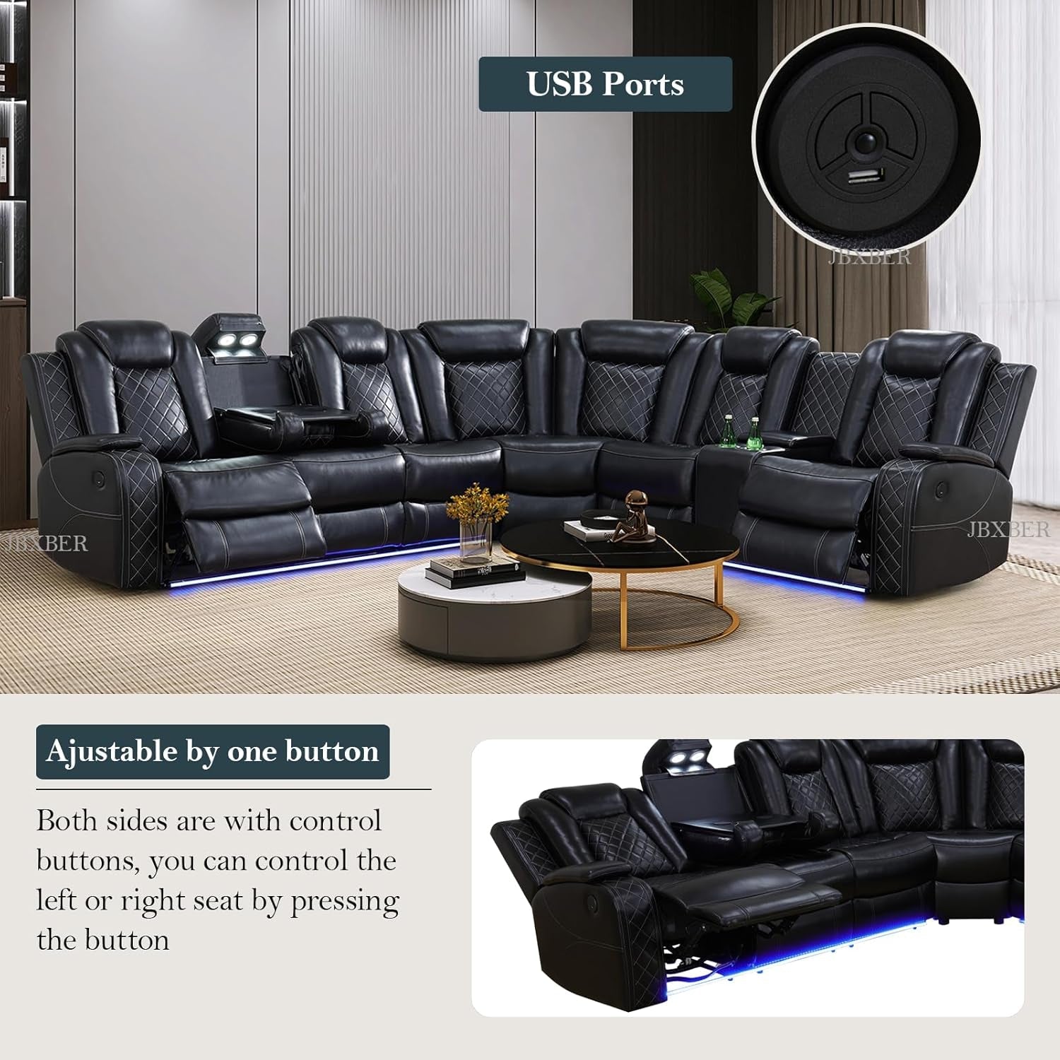 Transformer Power Recliner Sectional Sofa Set In Black With Led Lights