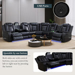 Transformer Power Recliner Sectional Sofa Set In Black With Led Lights