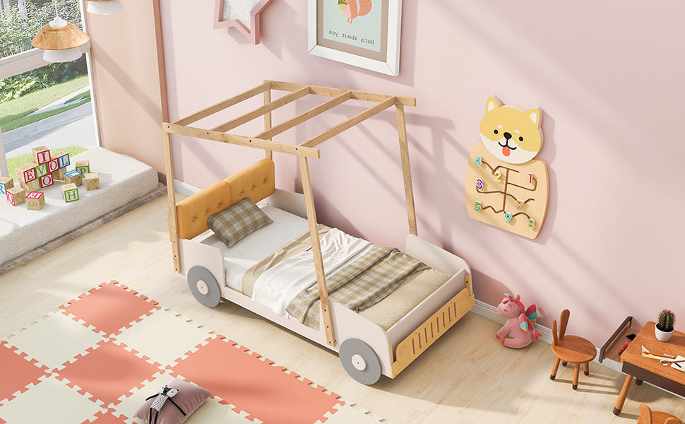 Wood Twin Size Car Bed with Pillow and Ceiling Cloth