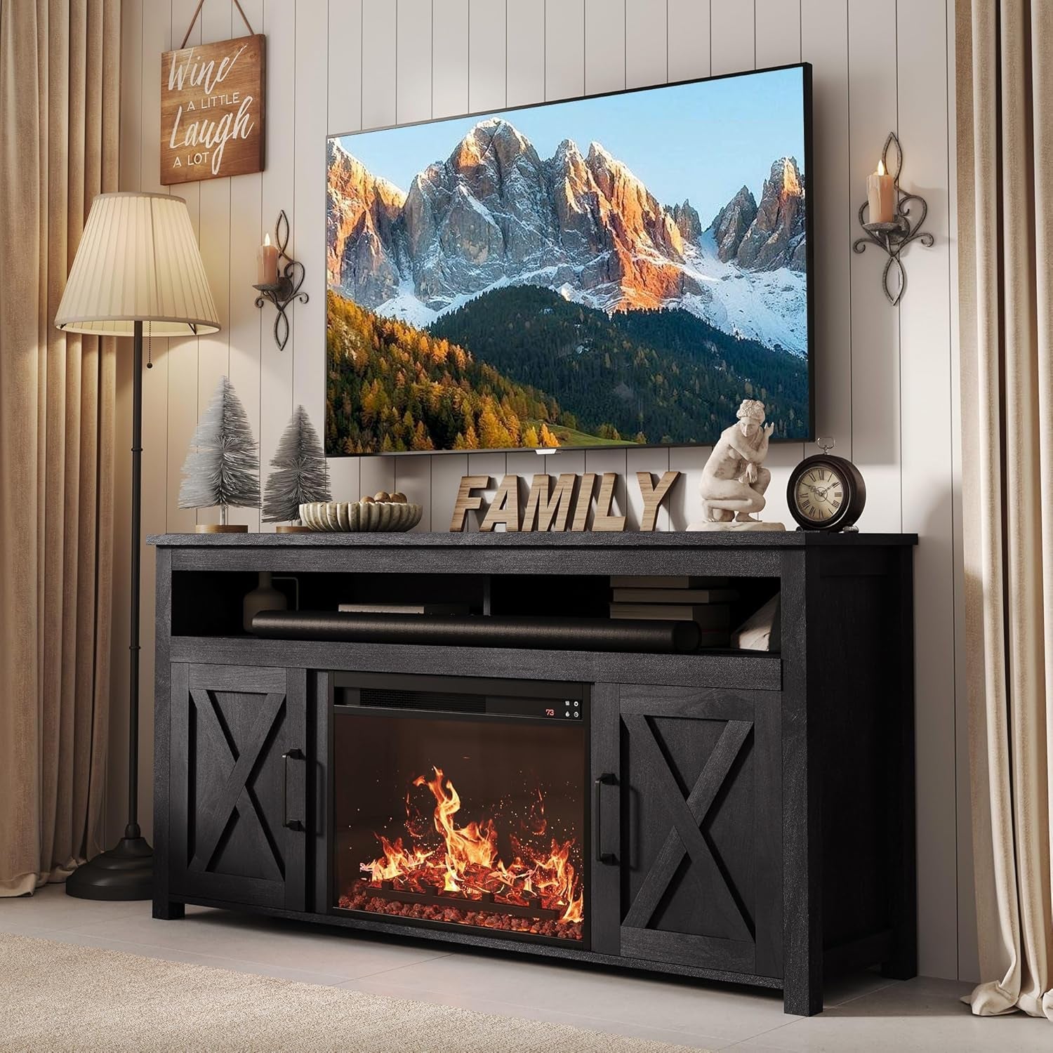 The Farmhouse 58 Inch TV Stand With Electric Fireplace Grey