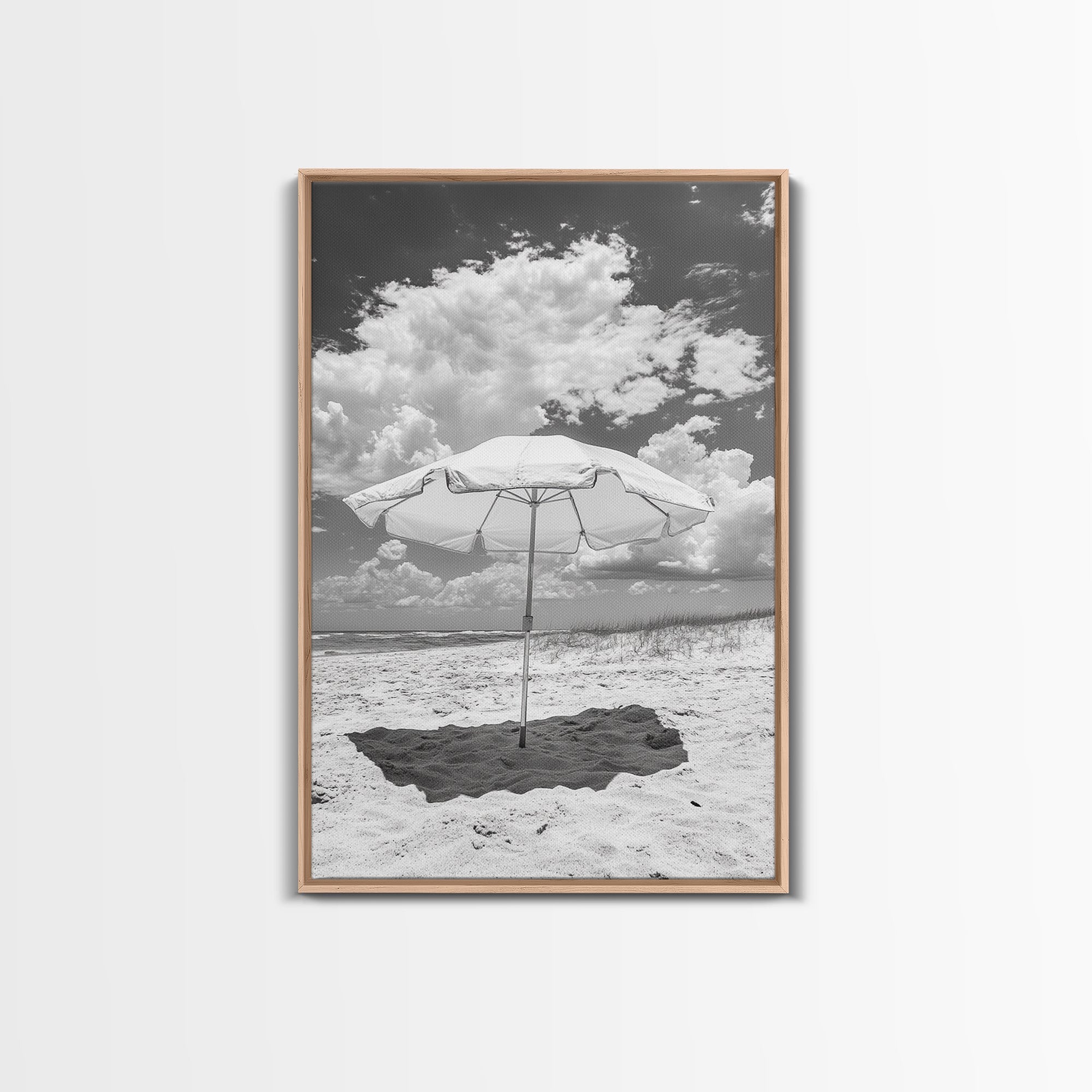 Beach Umbrella, Sunny Escape, Coastal Cloudscape, Framed Canvas Print, Summer Vibe Wall Art, Outdoor Living Decor, Travel Mood