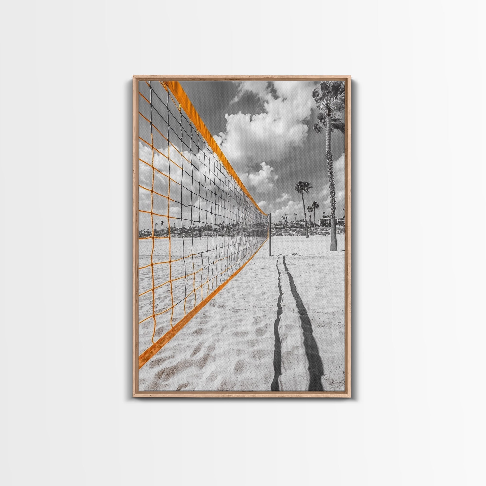 Volleyball Court, Sand and Net, Coastal Play, Framed Canvas Print, Sports Wall Art, Teen Room Decor, Summer Athletic Beach Vibes