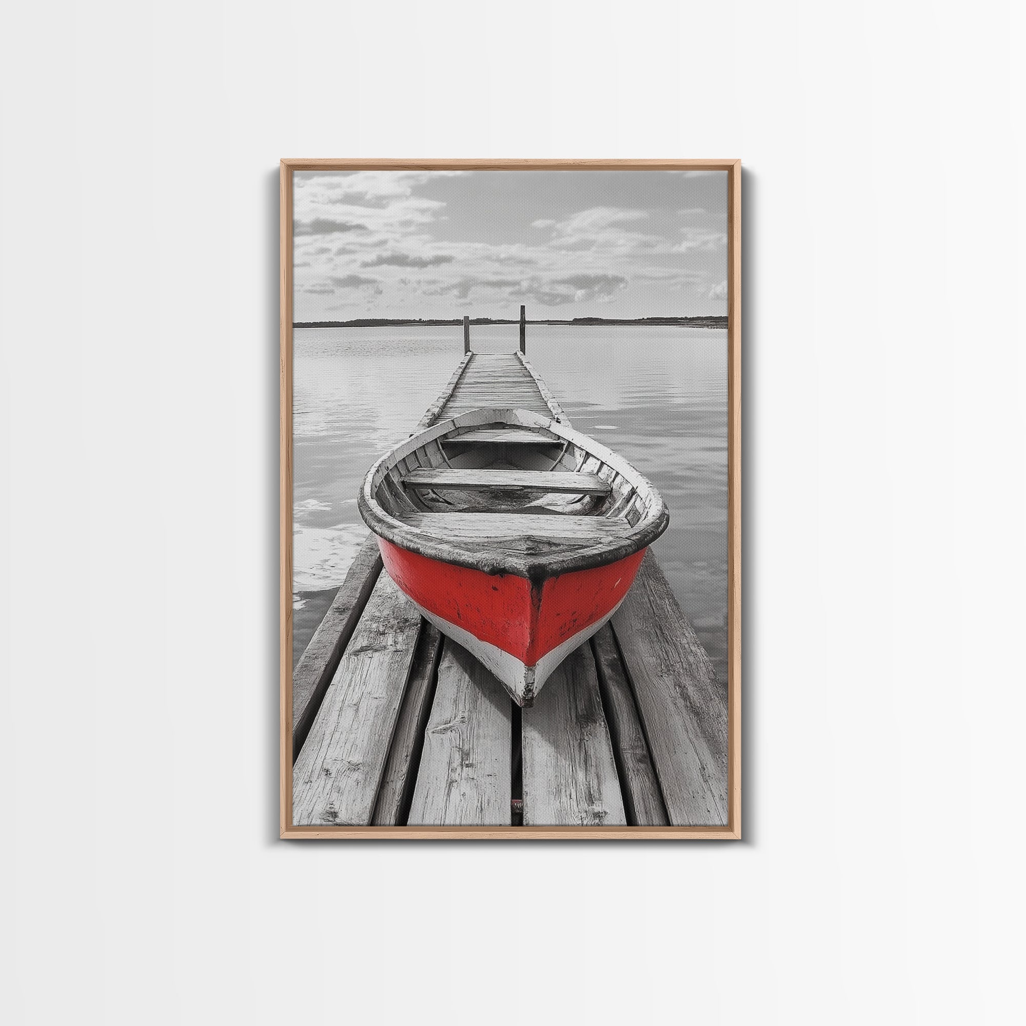 Red Rowboat, Dock Stillness, Minimalist Lake Scene, Canvas Print, Nautical Wall Art, Bathroom Decor, Tranquil Seascape, Coastal Aesthetic