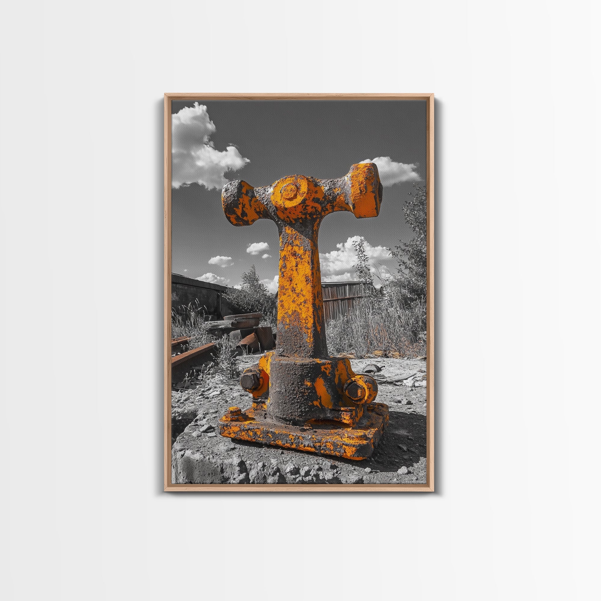 Rusty Bolt, Yellow Steel, Industrial Contrast, Framed Canvas Print, Garage Decor, Workshop Wall Art, Urban Grunge Photography