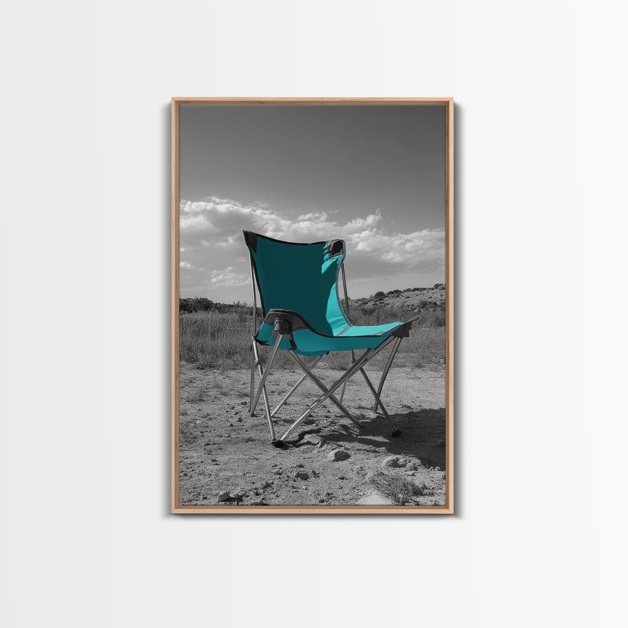Teal Camp Chair, Outdoor Minimalism, Desert Art, Canvas Print, Camping Wall Decor, Nature Photo, Rustic Retreat, Cabin Wall Art