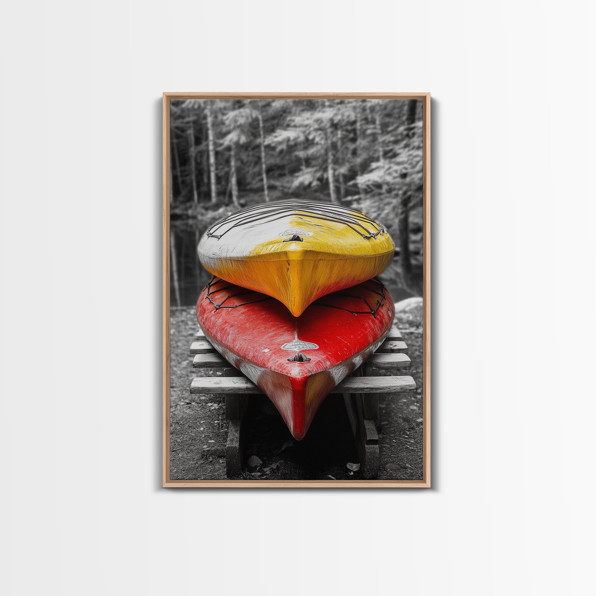 Stacked Kayaks, Red and Yellow, Forest Wall Art