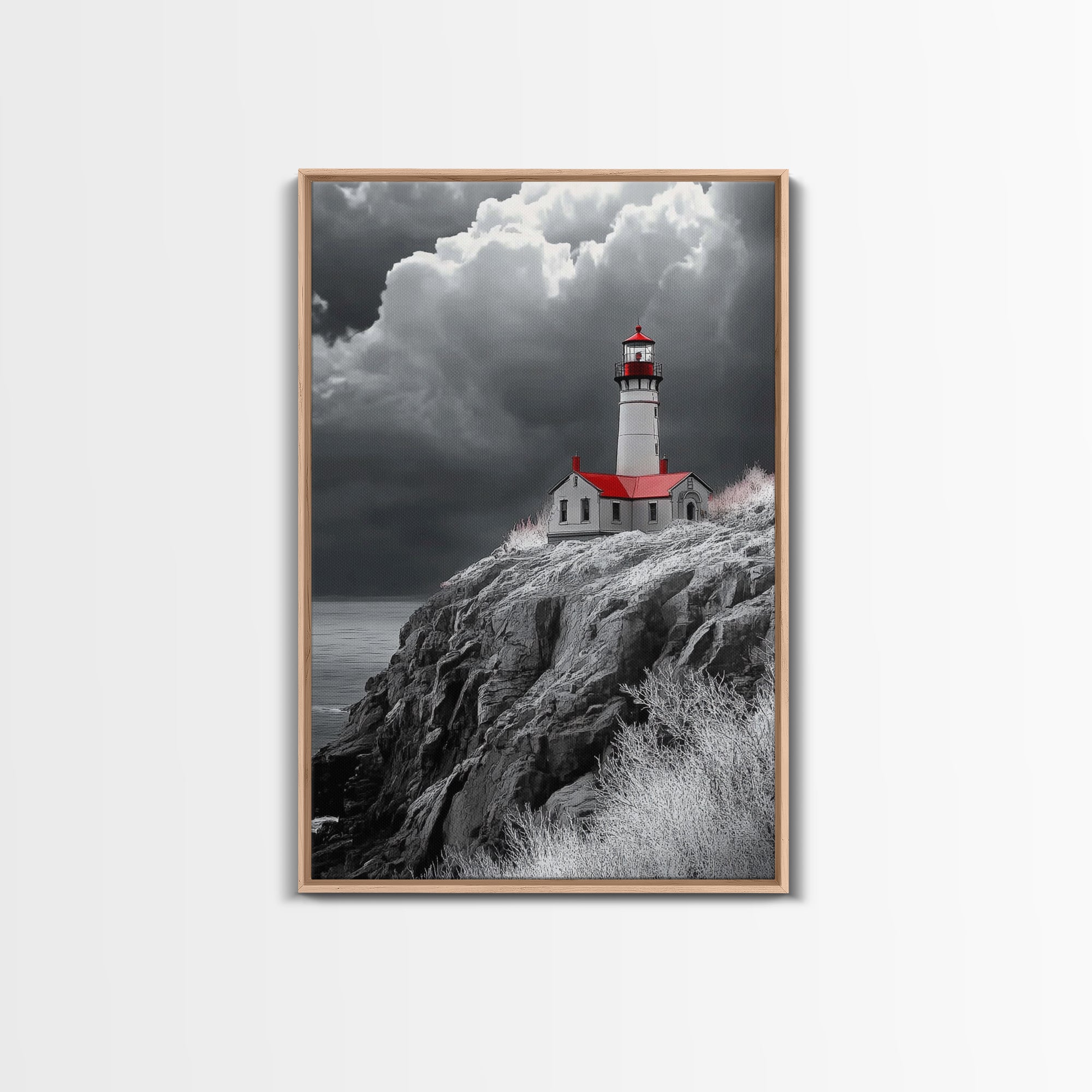 Stormy Lighthouse, Red Roof, Dramatic Coastline, Canvas Print, Coastal Wall Decor, Nautical Art, Living Room Wall Art, Rustic Home Art