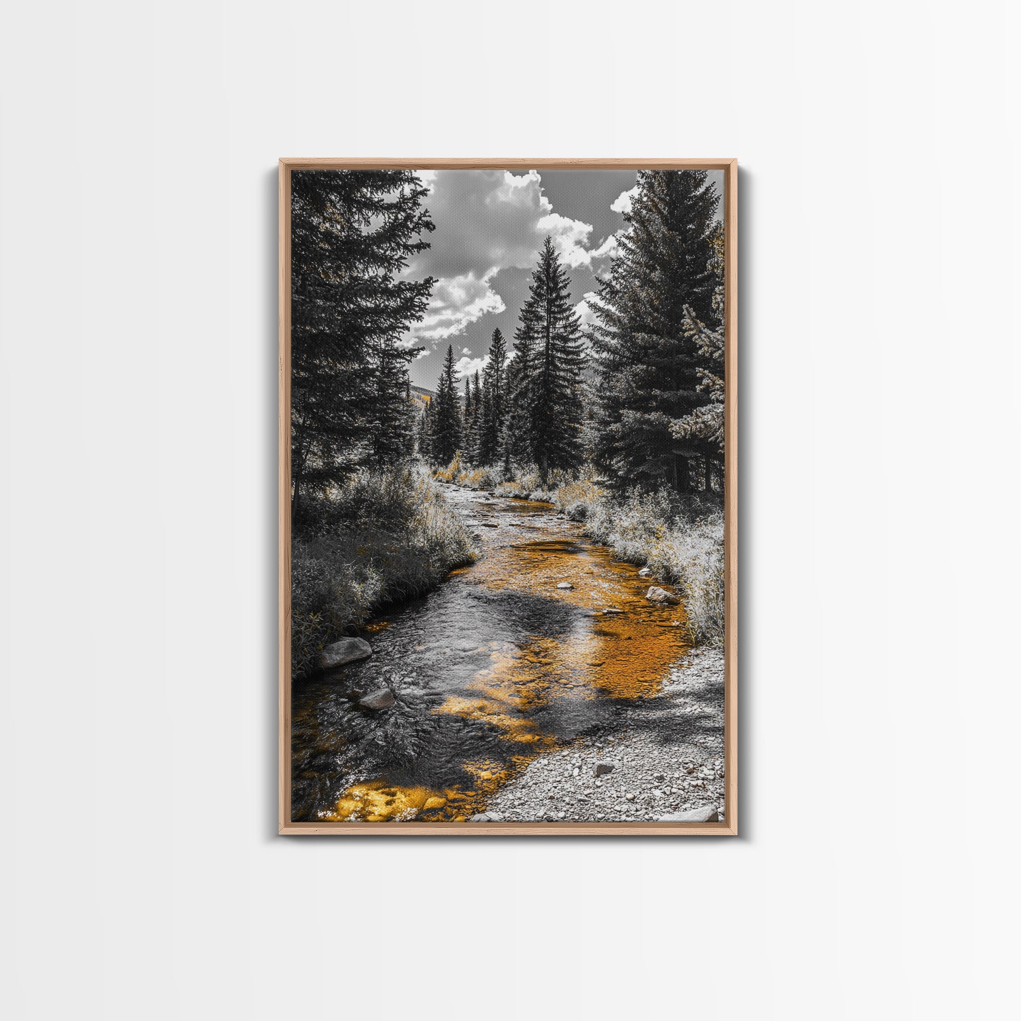 Forest Stream, Autumn Glow, Mountain Trees, Framed Canvas Print, Rustic Cabin Wall Art, Nature Photography, Fall Landscape Decor