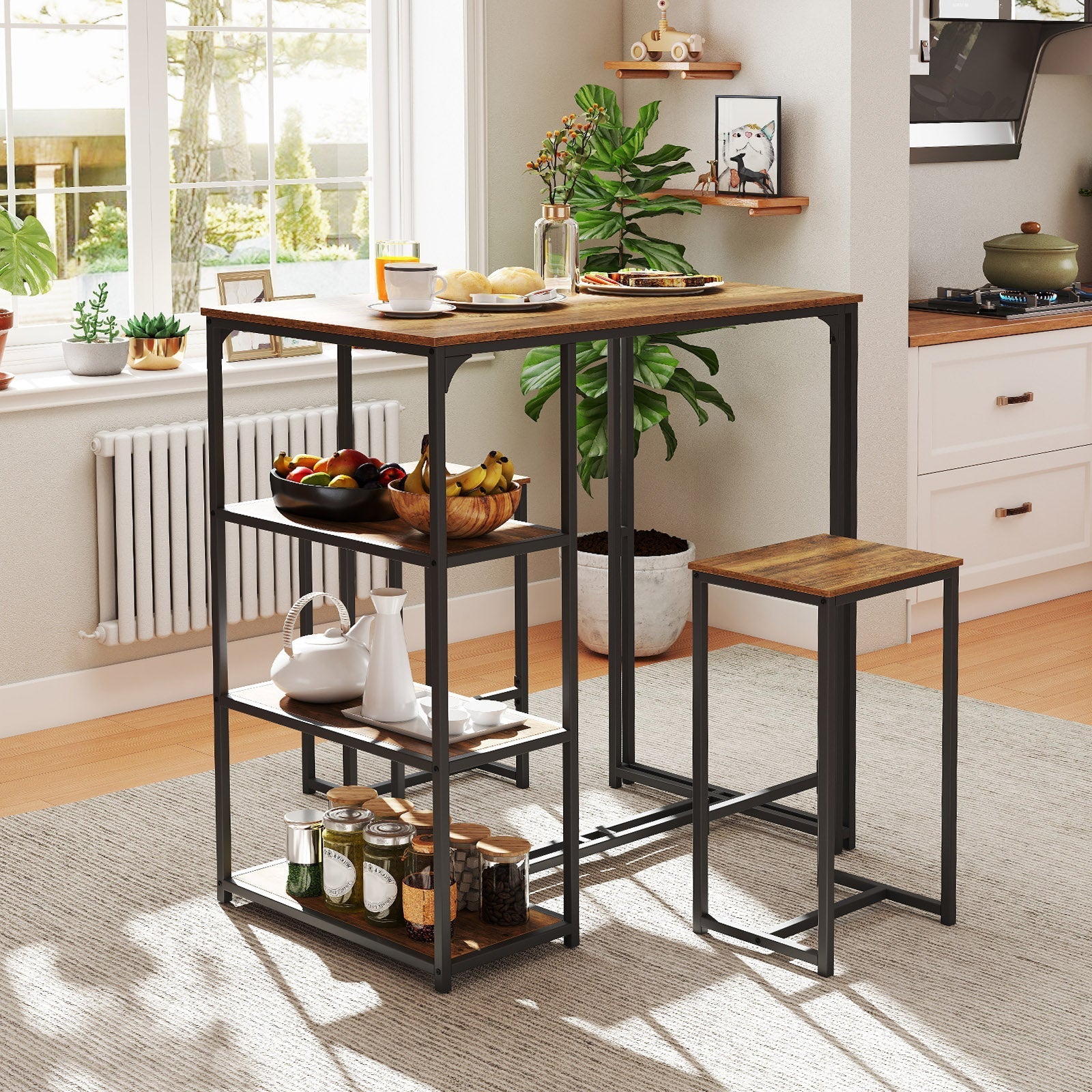 3-Piece Bar Table Set with 2 Stools-Rustic Brown