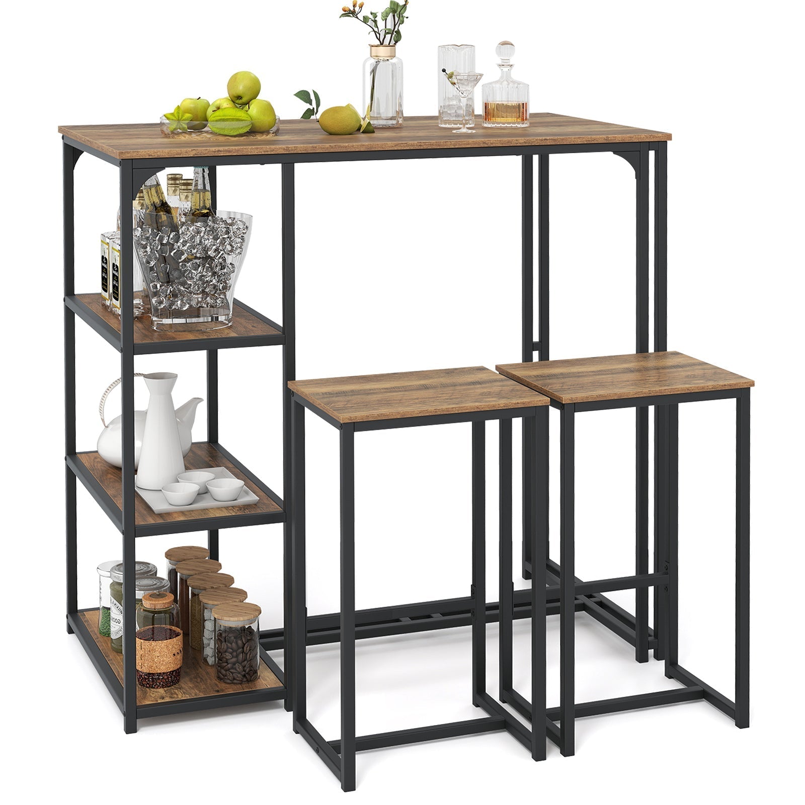 3-Piece Bar Table Set with 2 Stools-Rustic Brown