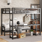 Queen Over Twin XL Metal Bunk Bed with Desk and Shelves