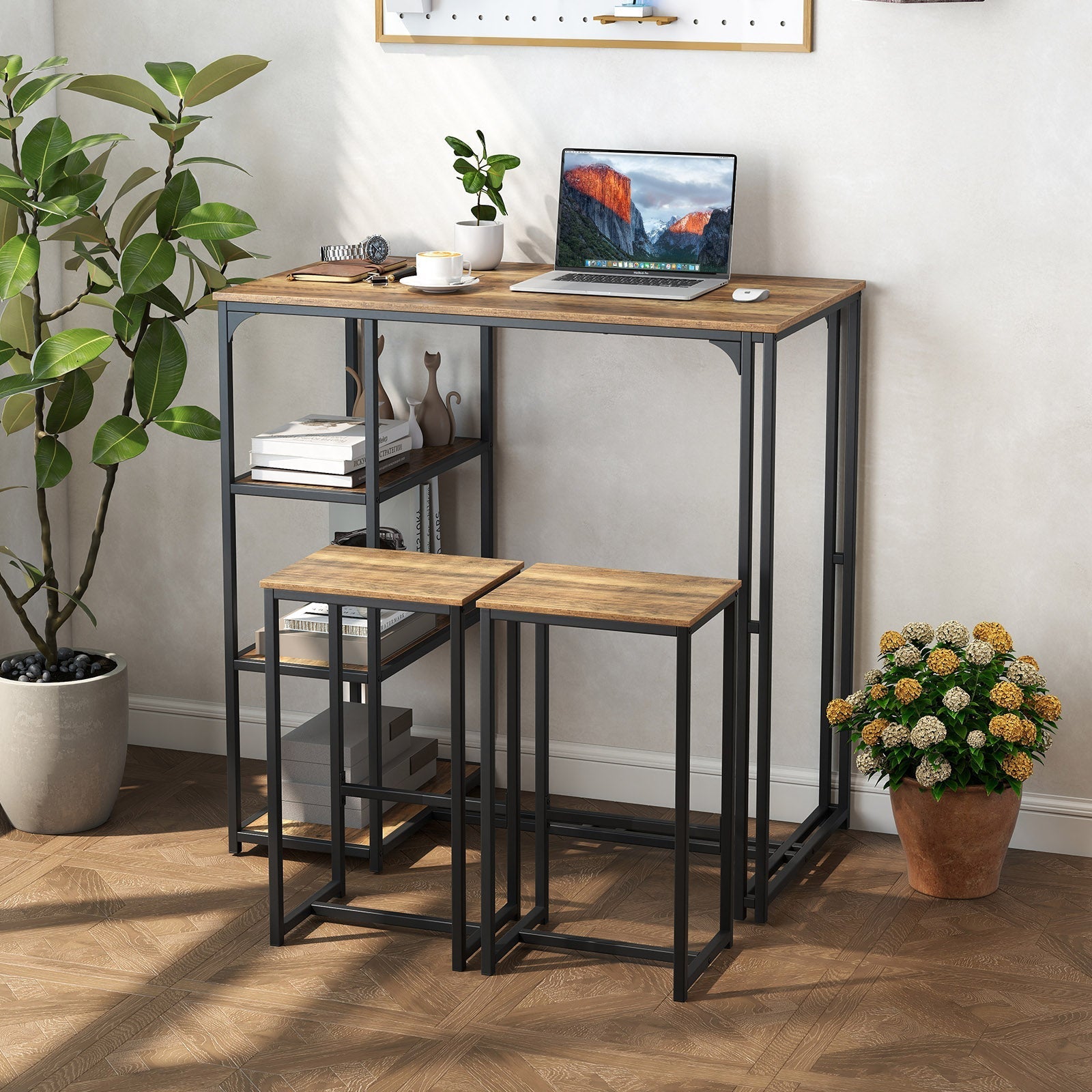 3-Piece Bar Table Set with 2 Stools-Rustic Brown