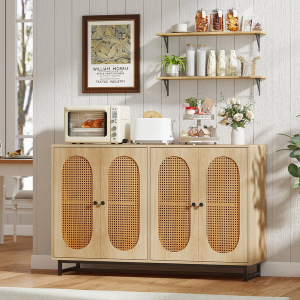 50 Inch Buffet Sideboard Cabinet with 4 Rattan Doors and Adjustable Shelves-Natural