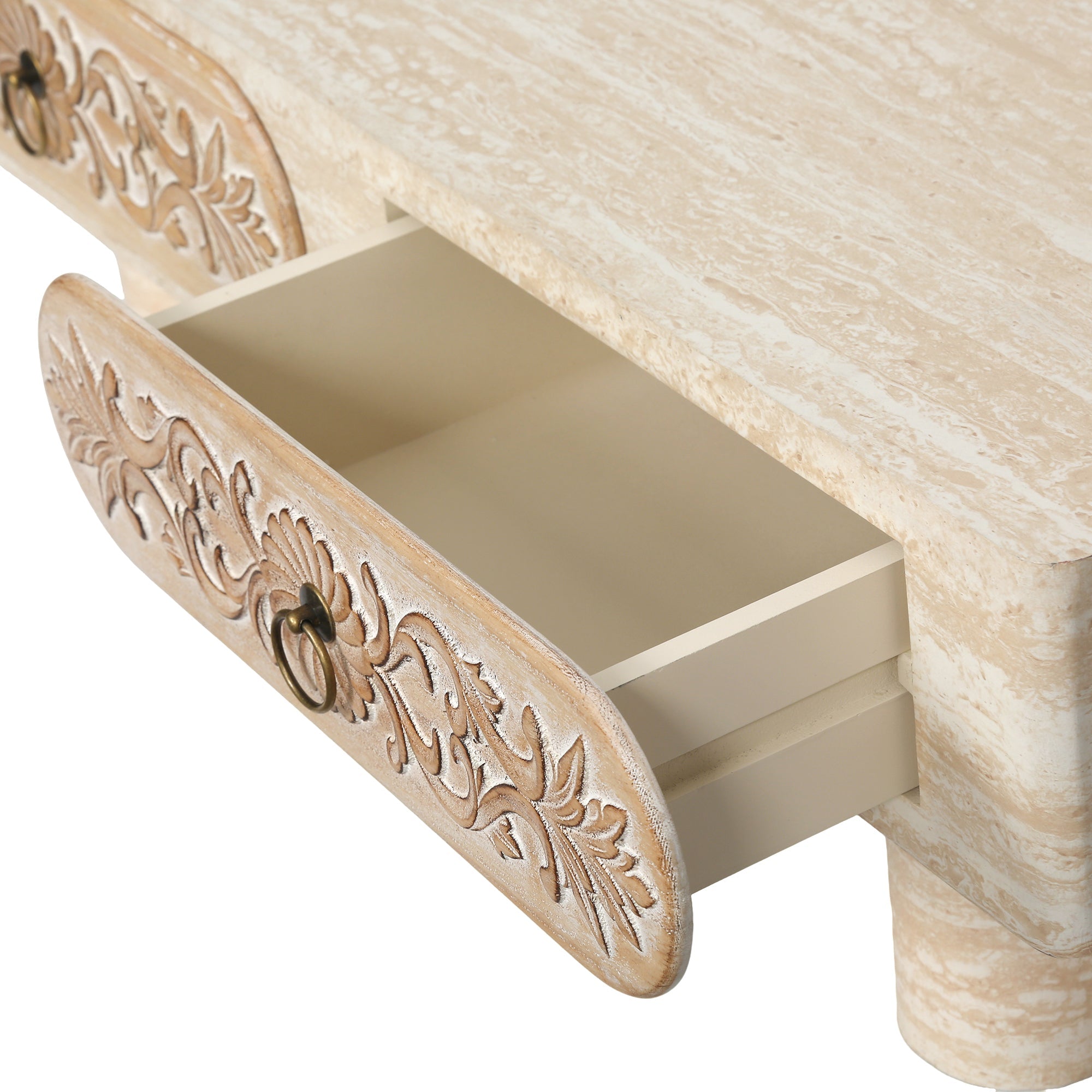 Rounded Edge Coffee Table with Flower Pattern Solid Wood Drawer
