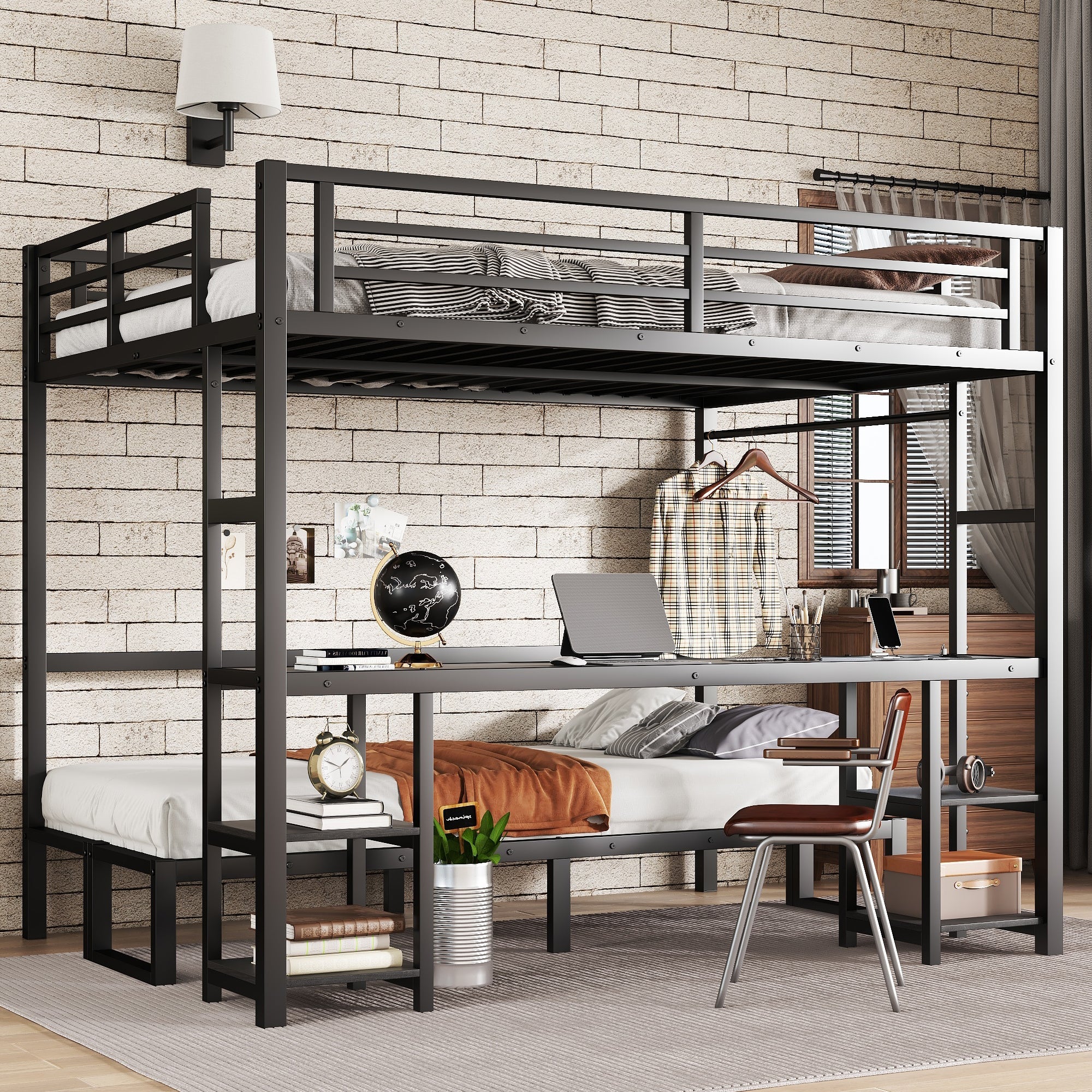 Queen Over Twin XL Metal Bunk Bed with Desk and Shelves