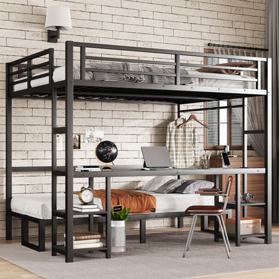 Queen Over Twin XL Metal Bunk Bed with Desk and Shelves