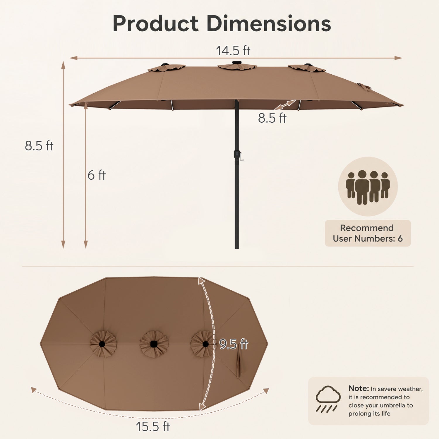 15.5 ft Patio Umbrella with Solar LED Lights & Crank