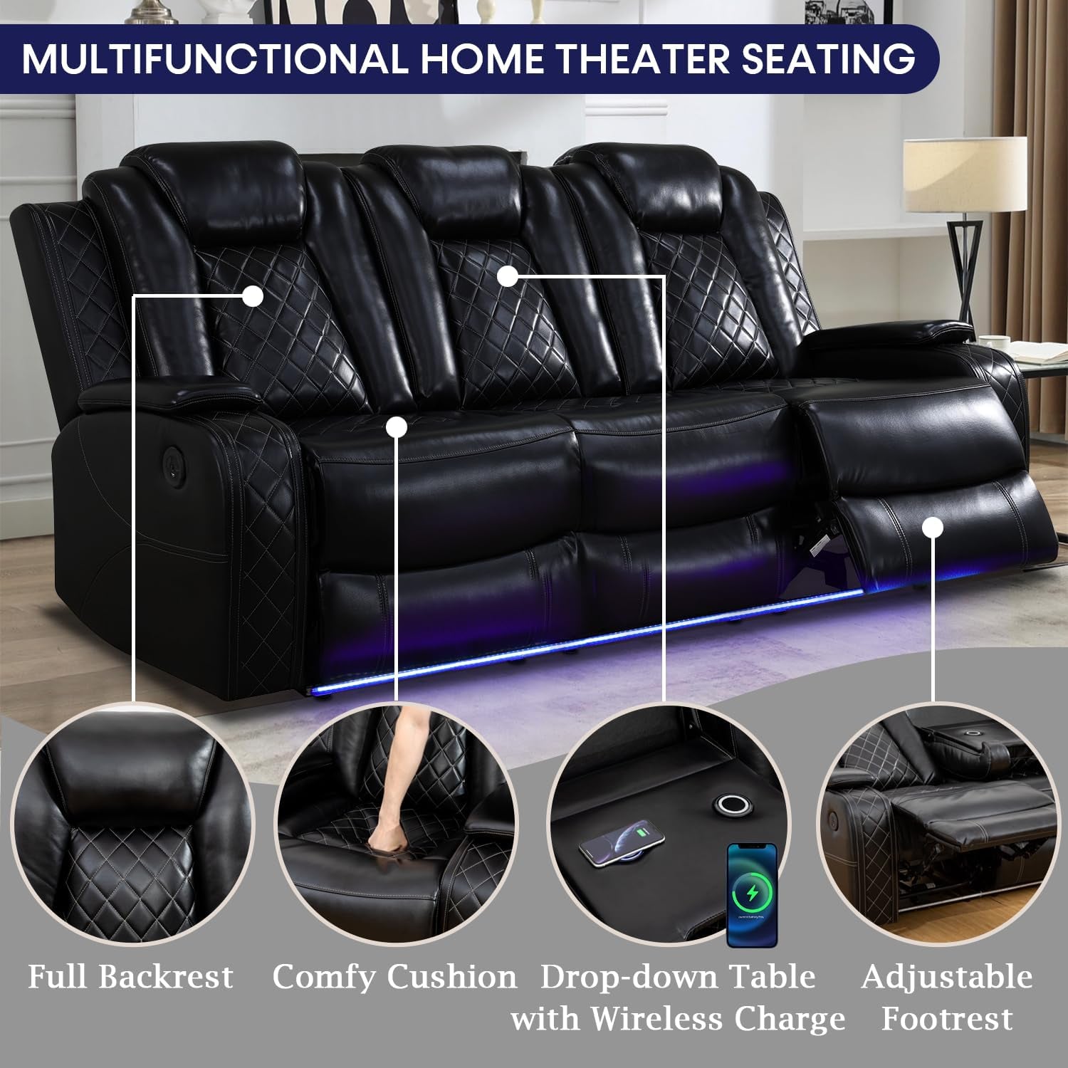 Amanda Black Leather Power Recliner Sectional