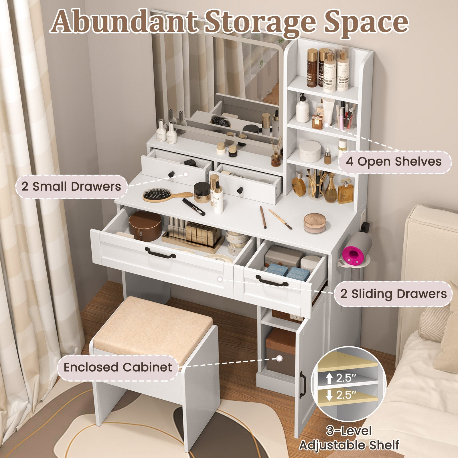 Vanity Set with Mirror and 3 Lighting Modes and Adjustable Brightness-White