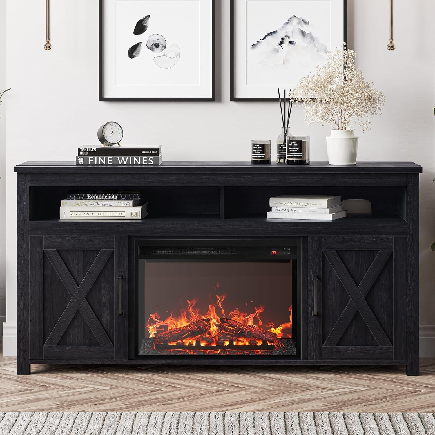 The Farmhouse 58 Inch TV Stand With Electric Fireplace Grey