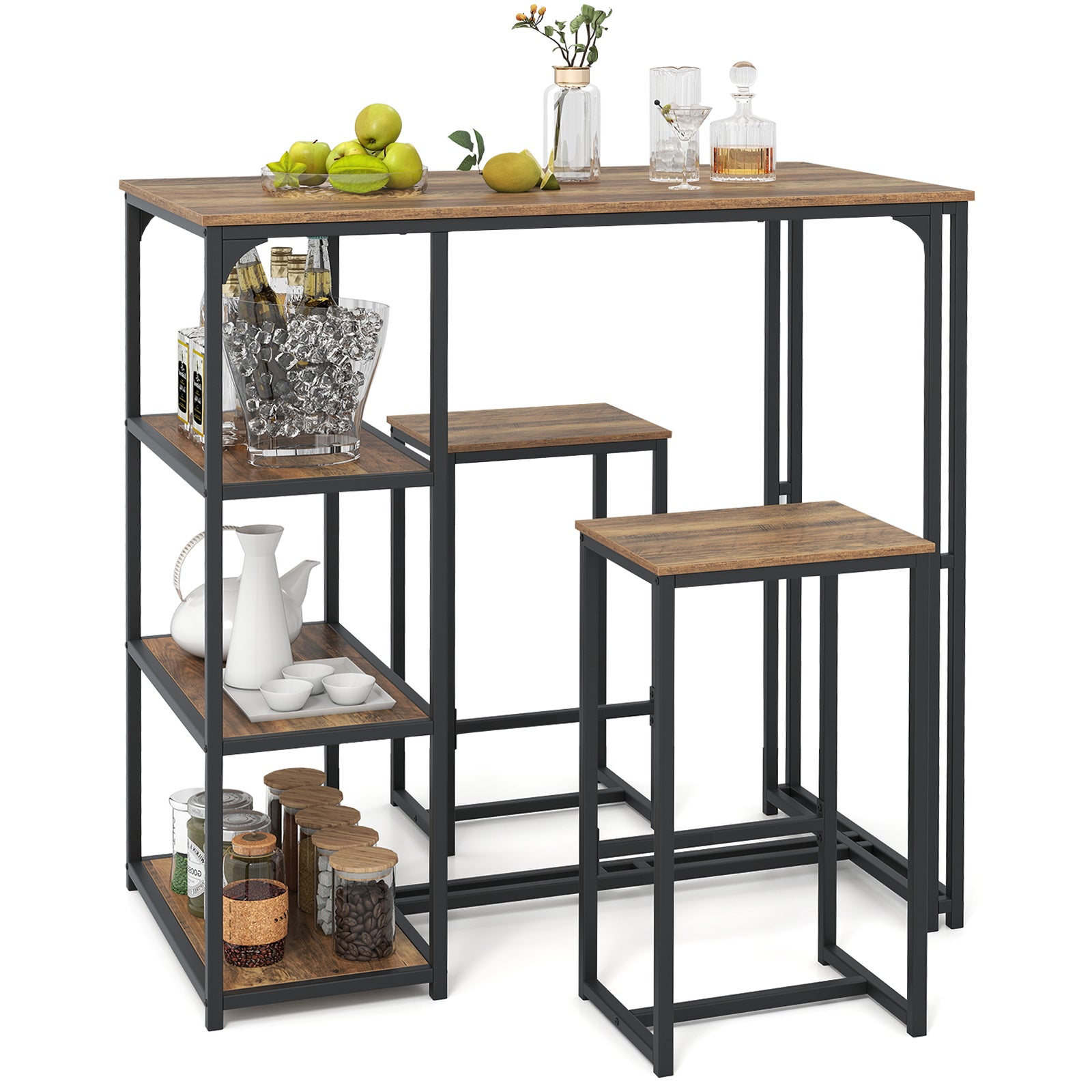 3-Piece Bar Table Set with 2 Stools-Rustic Brown