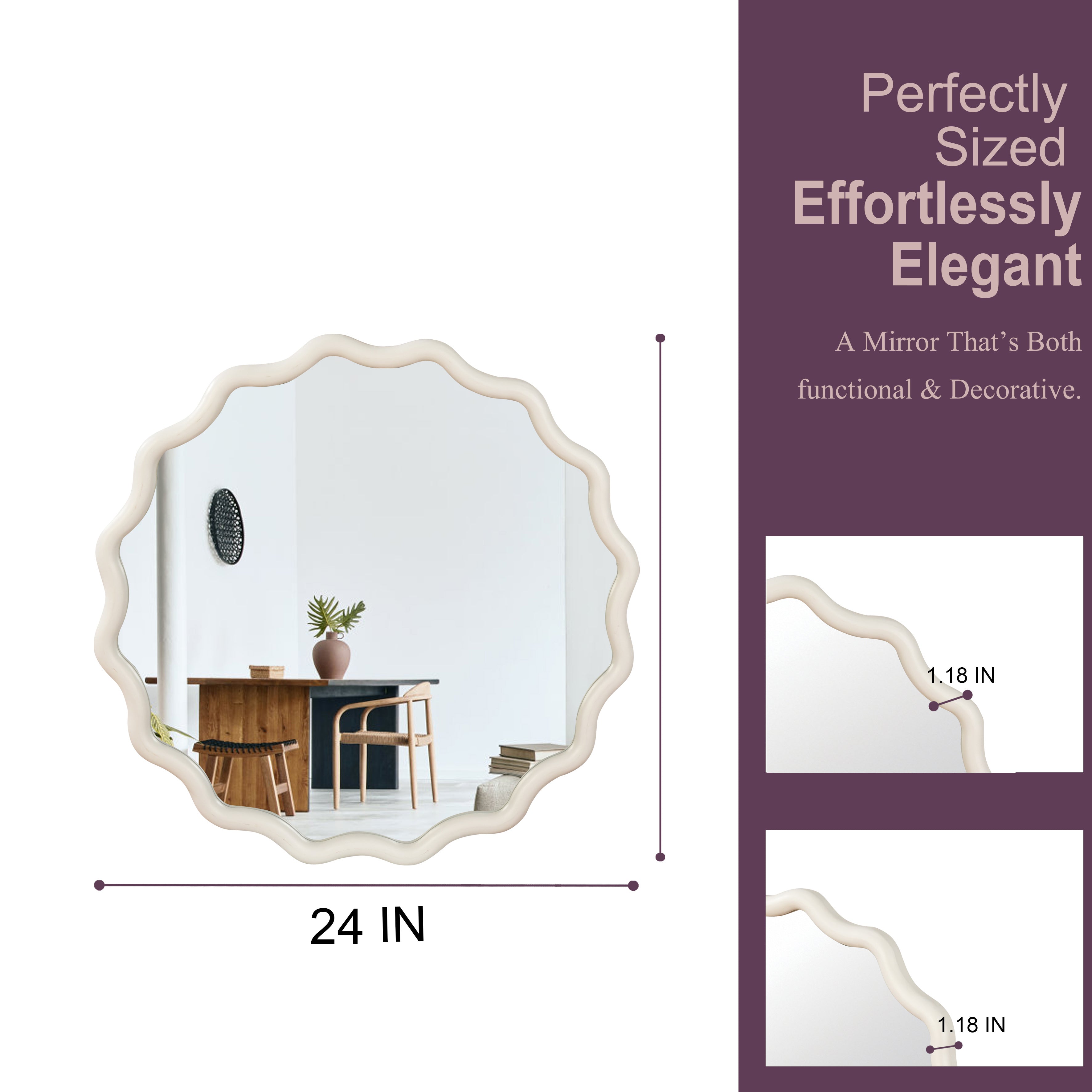 White 24 inch Wavy Round Solid Wood Frame Decorative Mirror