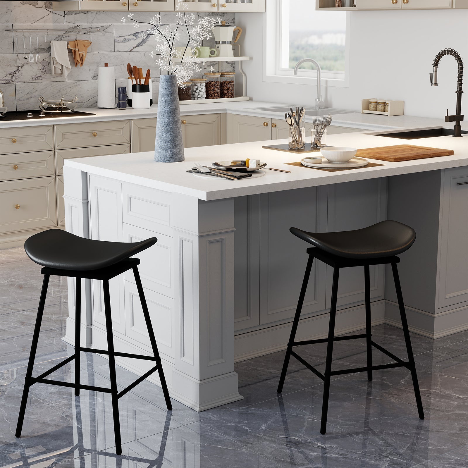 Set of 2 Swivel Barstools Faux Leather Upholstered Backless with Footrest