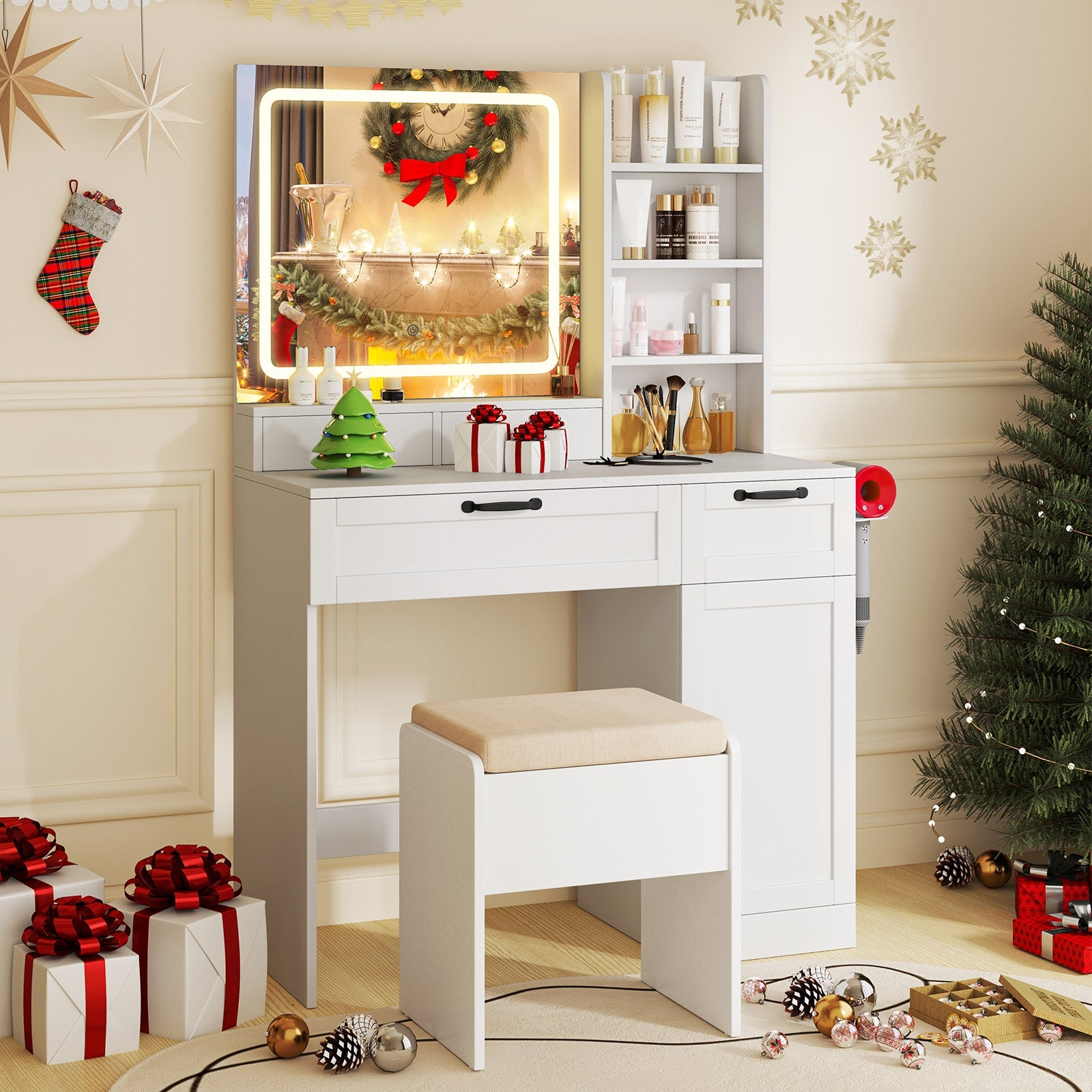 Vanity Set with Mirror and 3 Lighting Modes and Adjustable Brightness-White