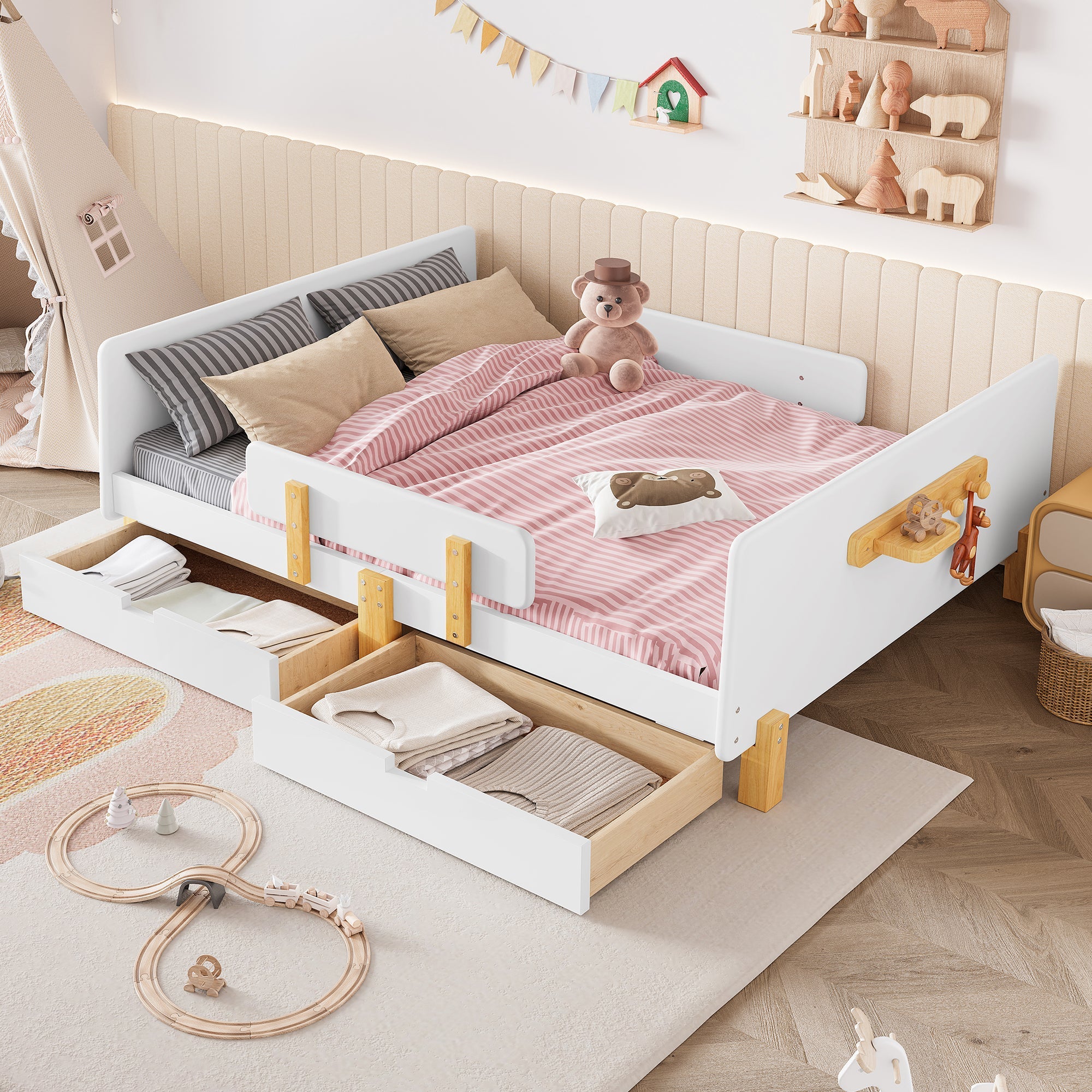Full Size Platform Bed with Storage Drawers, White