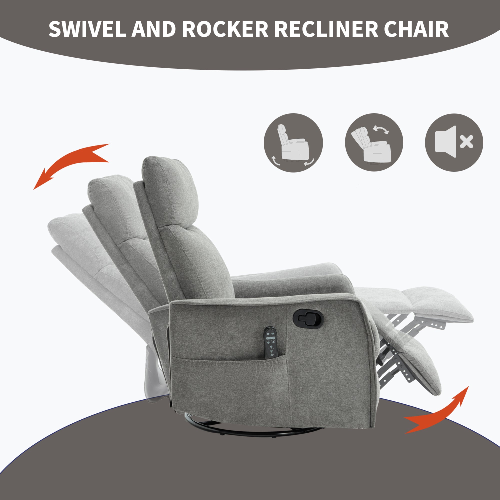 Heat Massage Manual Recliner Chair with Rocker and Swivel in Fabric