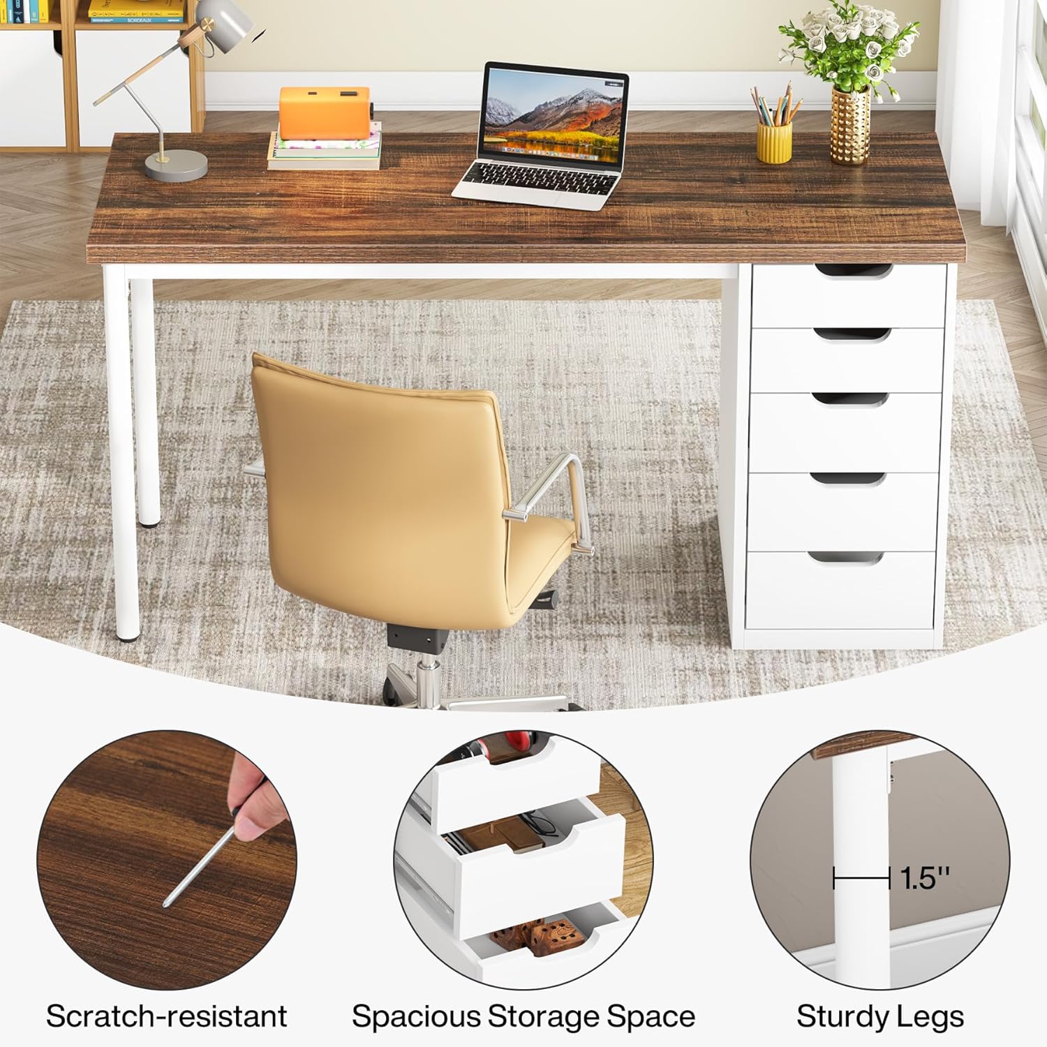 Computer Desk with 5 Drawers - 47 Inch Rustic Design