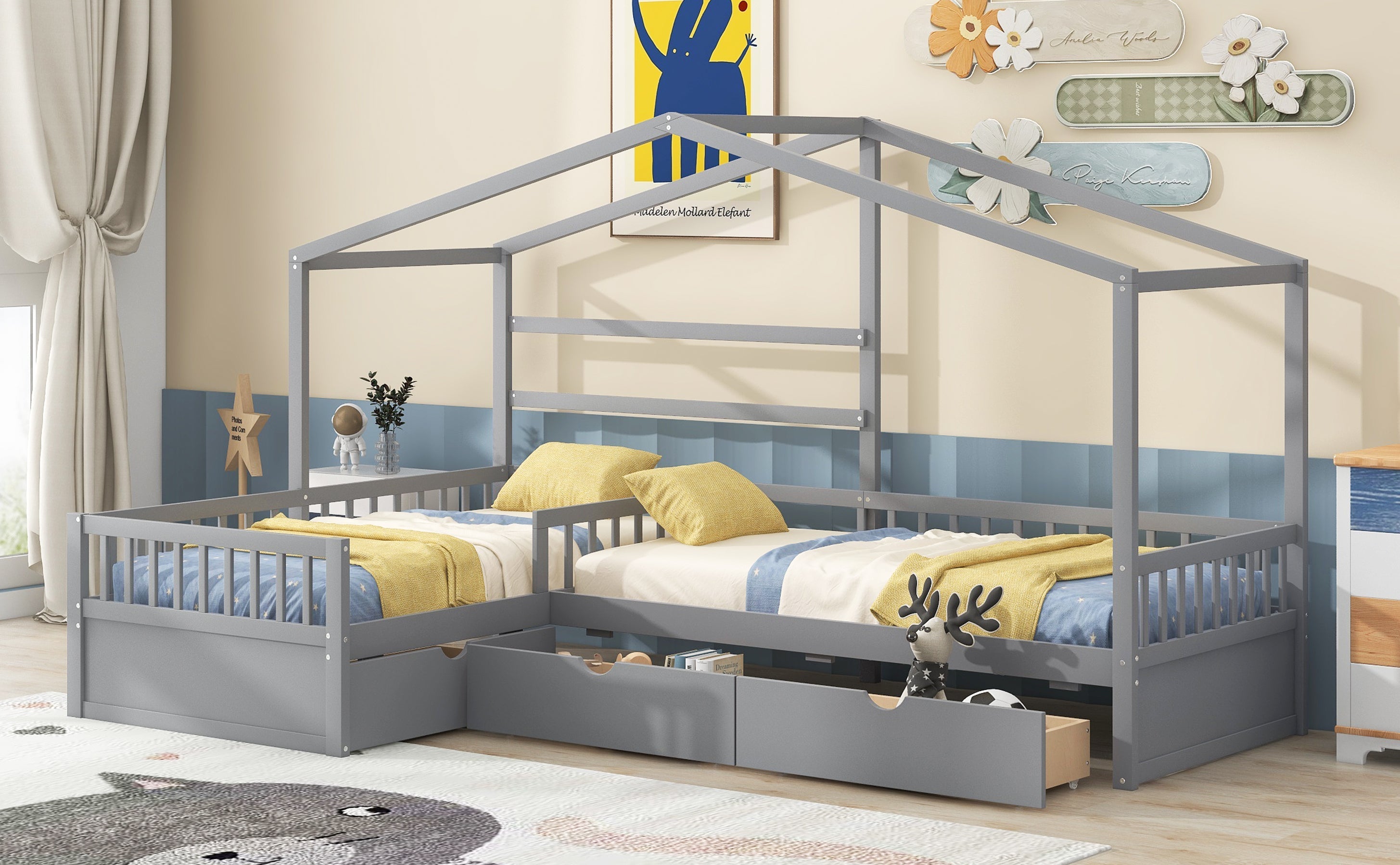Twin Size House Platform Bed with Three Storage Drawers