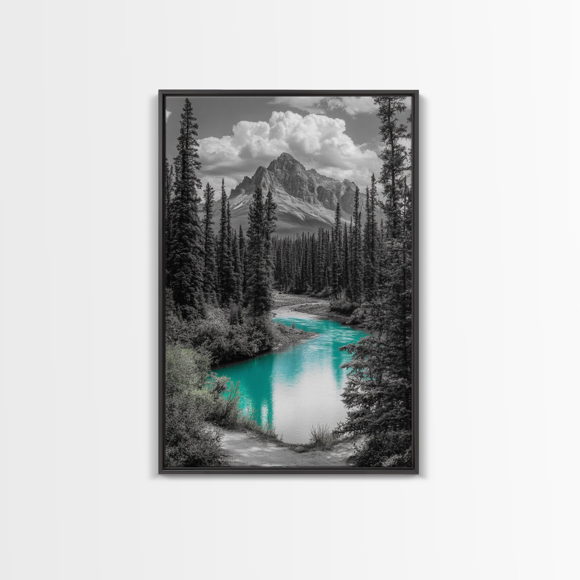 Mountain River, Turquoise Stream, Serene Nature Scene, Canvas Print, Living Room Wall Art, Minimal Landscape Decor, Cabin Vibes