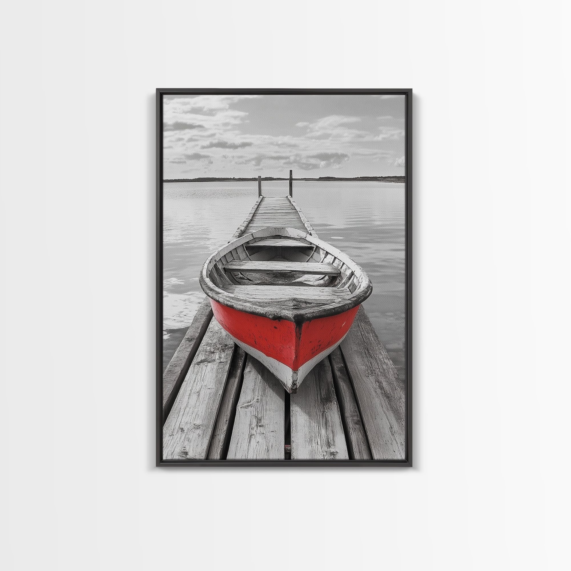 Red Rowboat, Dock Stillness, Minimalist Lake Scene, Canvas Print, Nautical Wall Art, Bathroom Decor, Tranquil Seascape, Coastal Aesthetic