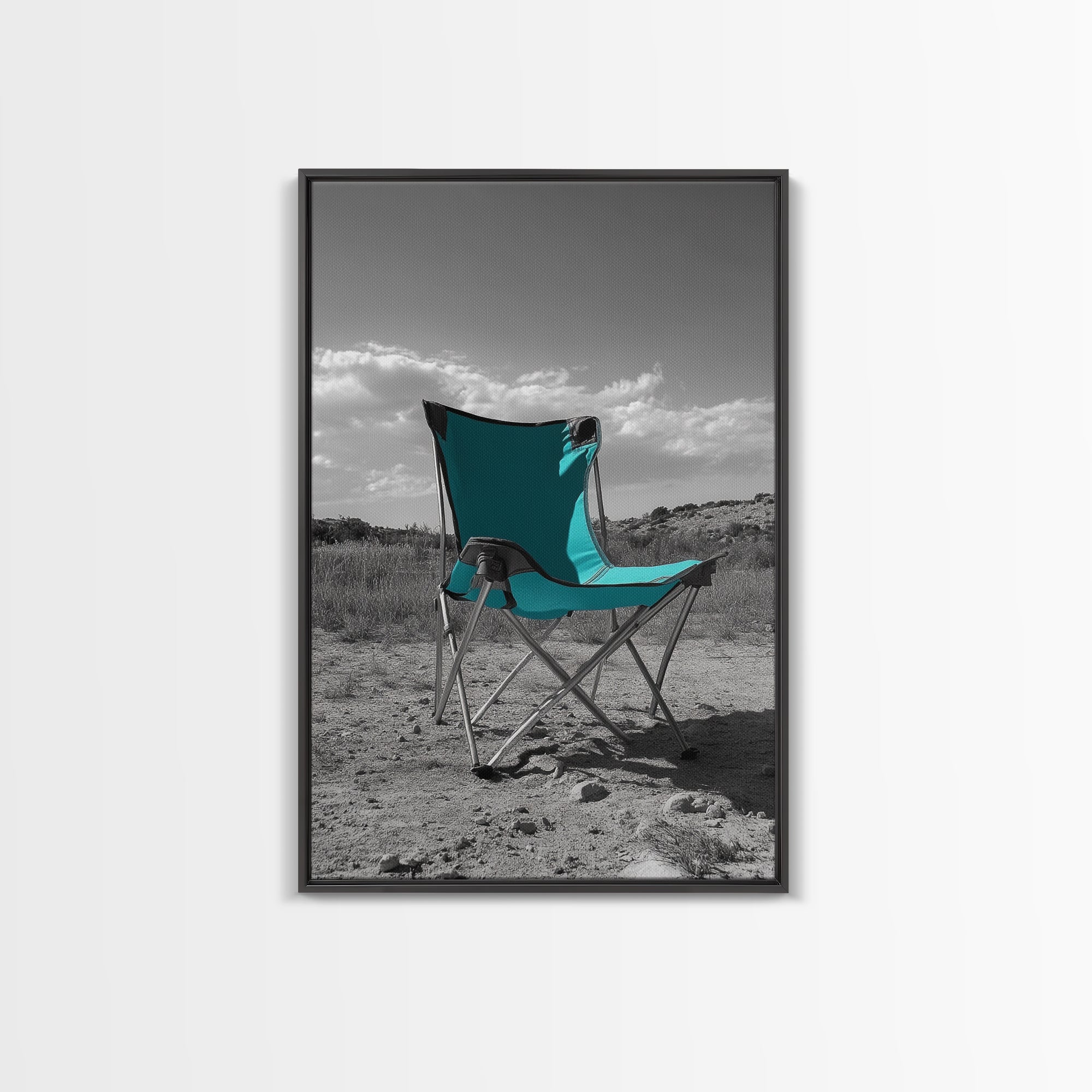 Teal Camp Chair, Outdoor Minimalism, Desert Art, Canvas Print, Camping Wall Decor, Nature Photo, Rustic Retreat, Cabin Wall Art