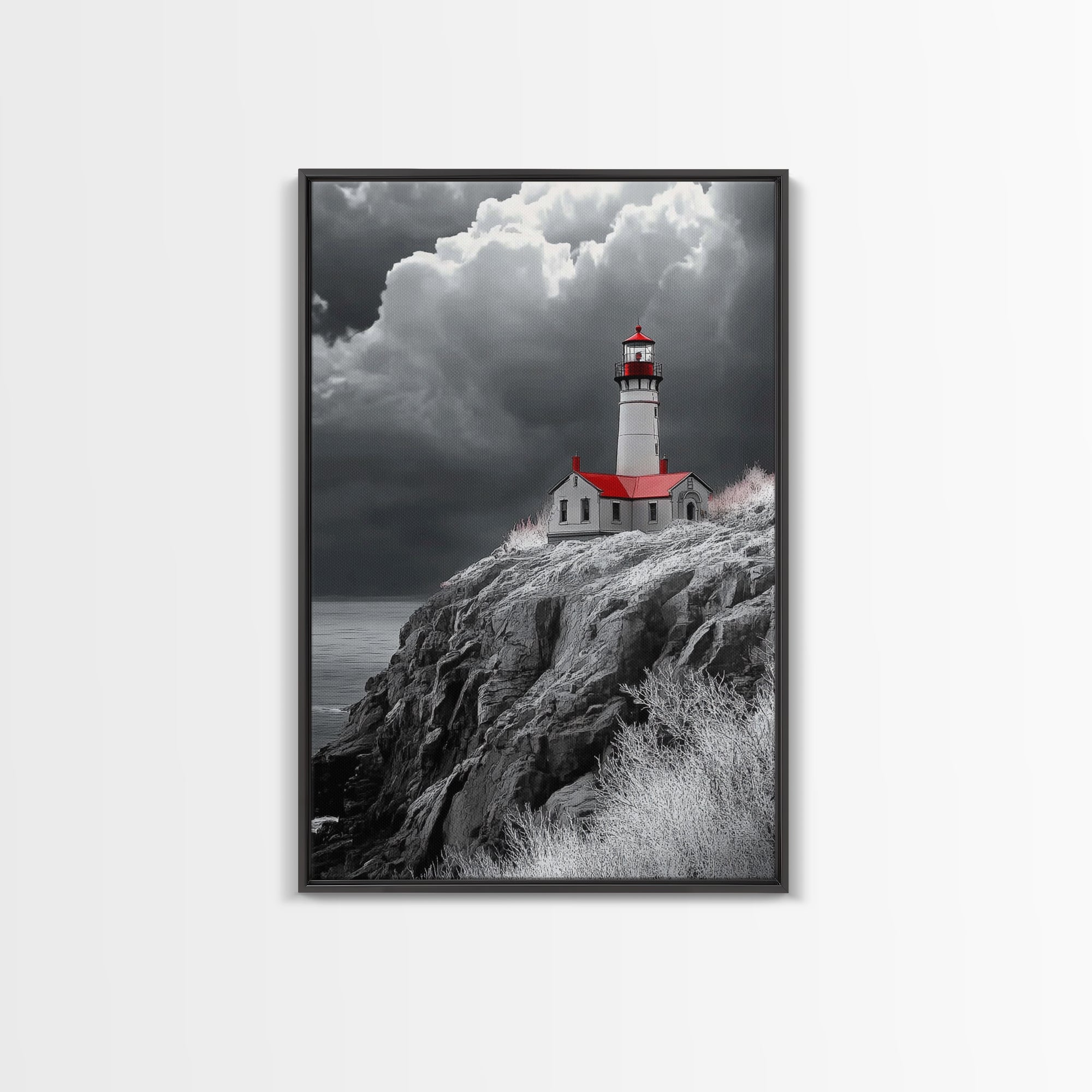 Stormy Lighthouse, Red Roof, Dramatic Coastline, Canvas Print, Coastal Wall Decor, Nautical Art, Living Room Wall Art, Rustic Home Art