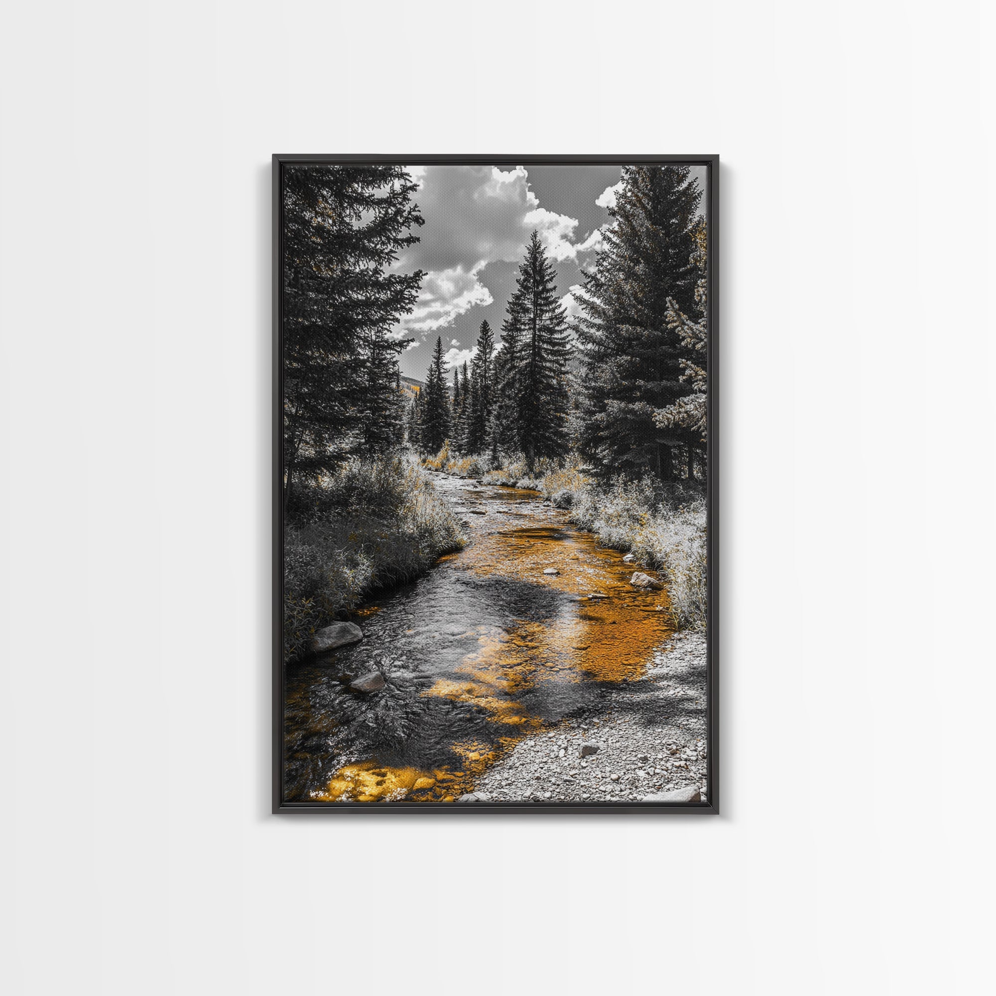 Forest Stream, Autumn Glow, Mountain Trees, Framed Canvas Print, Rustic Cabin Wall Art, Nature Photography, Fall Landscape Decor