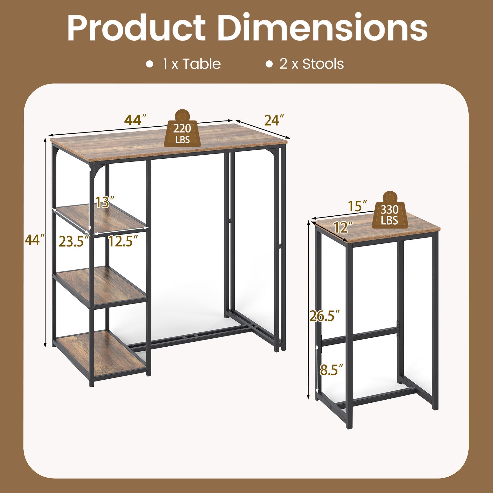 3-Piece Bar Table Set with 2 Stools-Rustic Brown