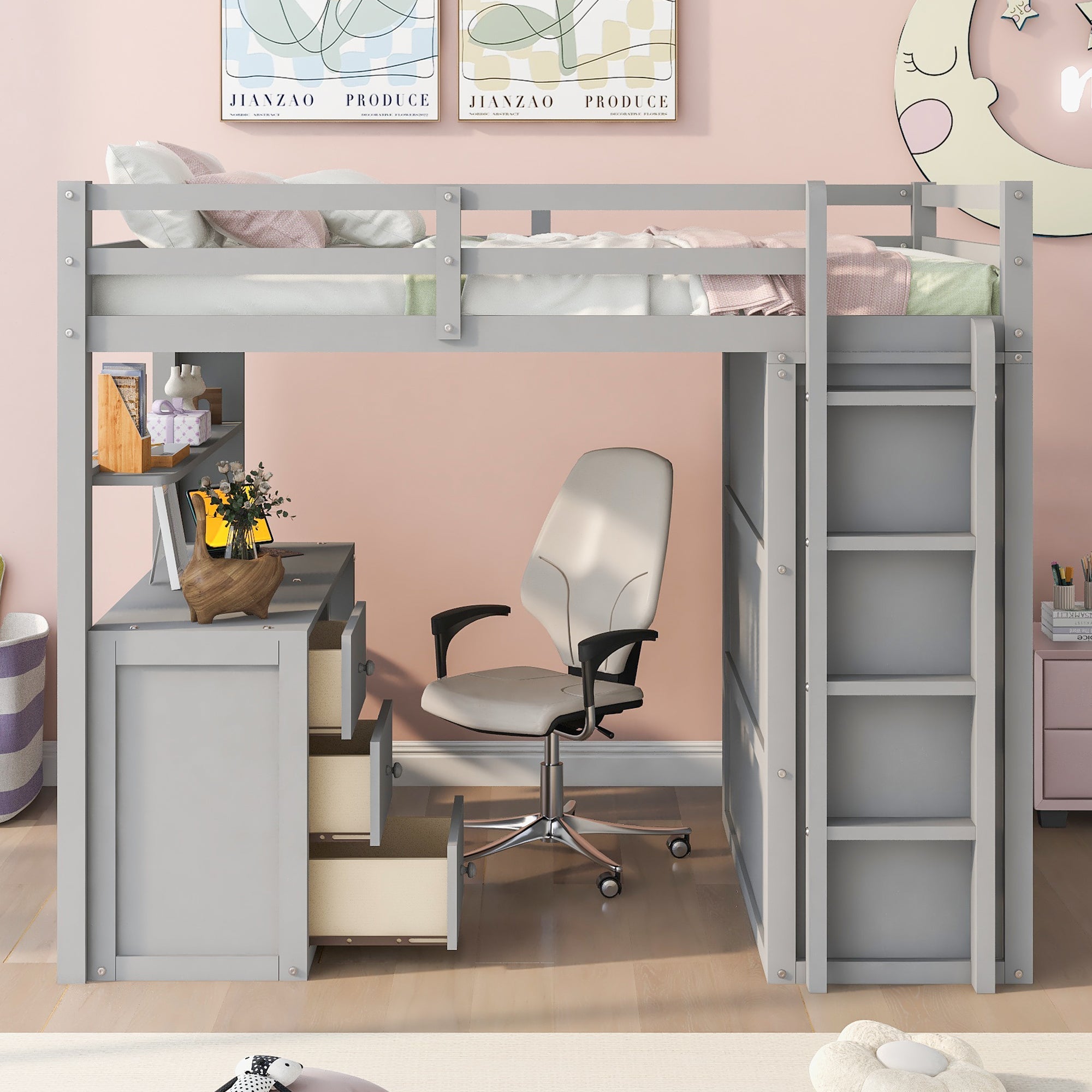 Full Size Loft Bed with Drawers, Desk, and Wardrobe - Gray