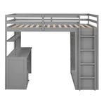 Full Size Loft Bed with Drawers, Desk, and Wardrobe - Gray
