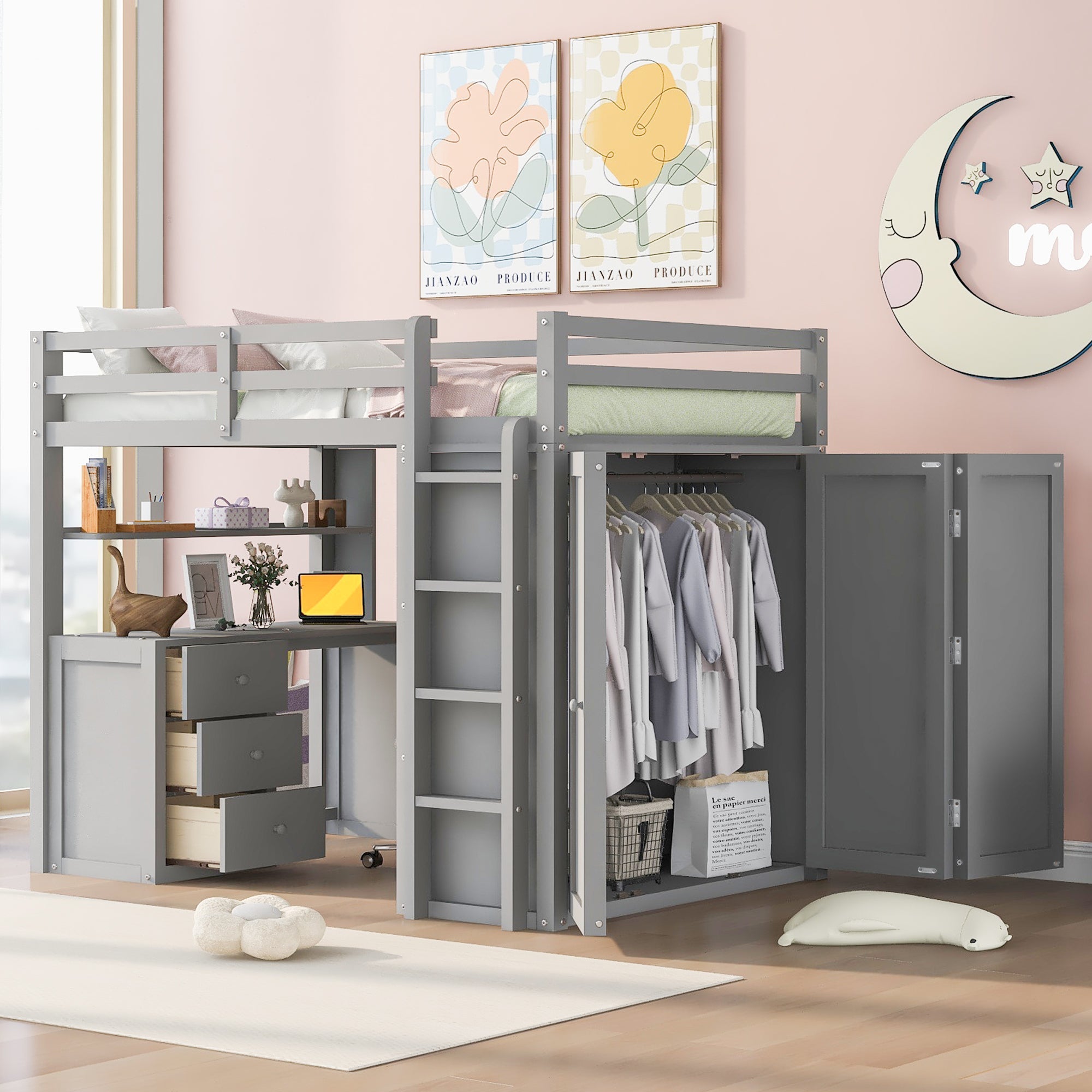 Full Size Loft Bed with Drawers, Desk, and Wardrobe - Gray