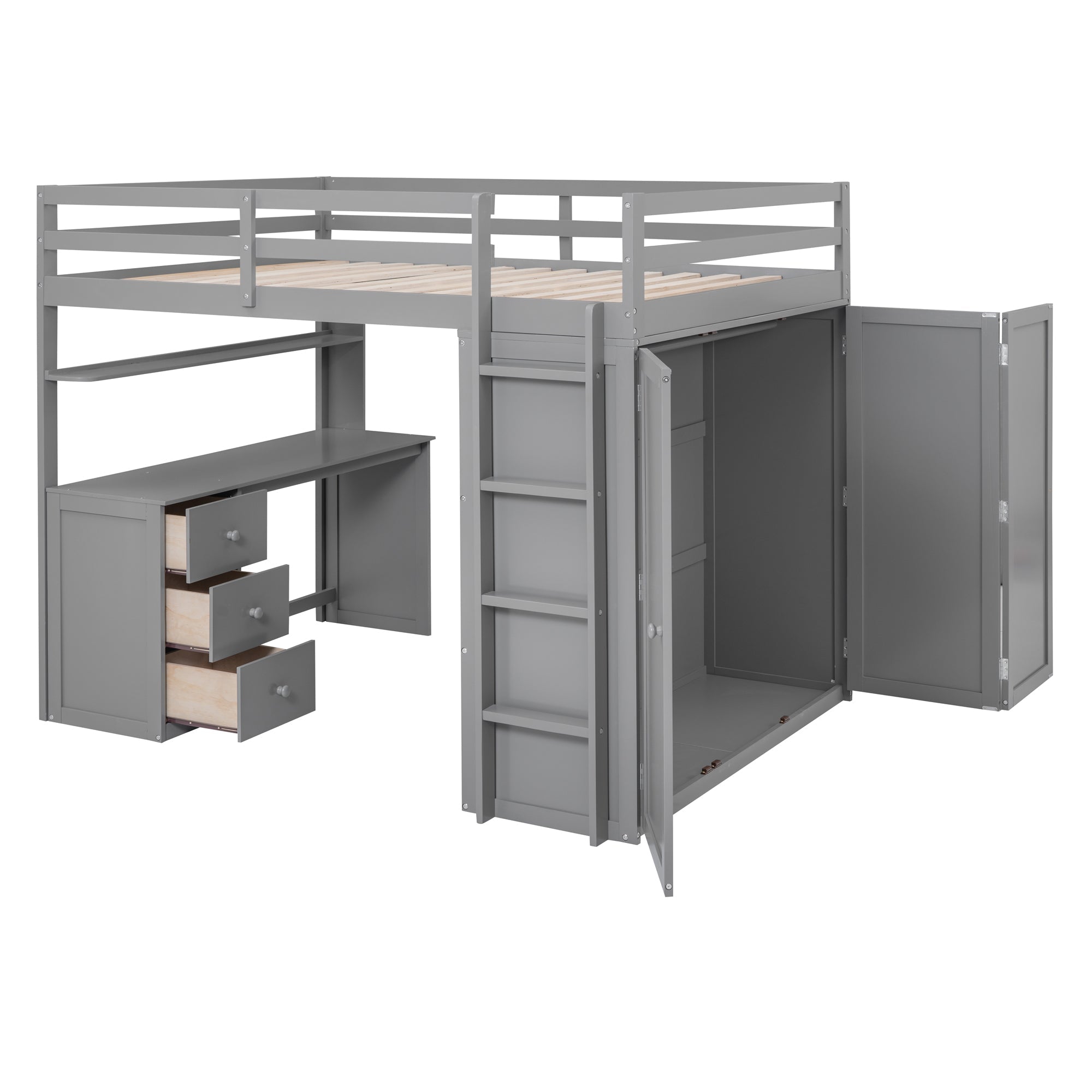 Full Size Loft Bed with Drawers, Desk, and Wardrobe - Gray