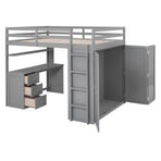 Full Size Loft Bed with Drawers, Desk, and Wardrobe - Gray