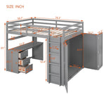 Full Size Loft Bed with Drawers, Desk, and Wardrobe - Gray