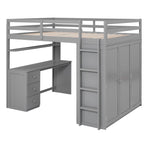 Full Size Loft Bed with Drawers, Desk, and Wardrobe - Gray